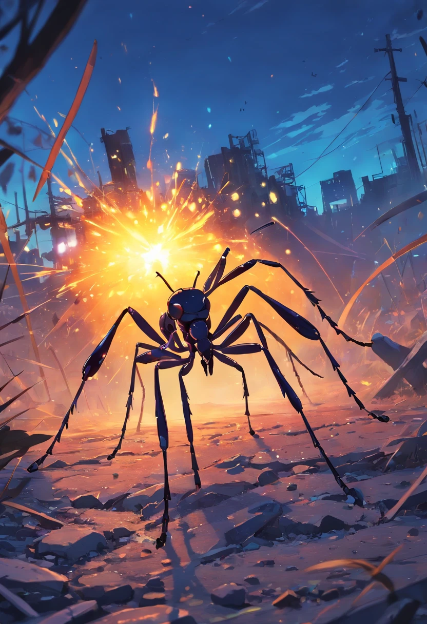 Ant with glowing blue spots in burnt wasteland