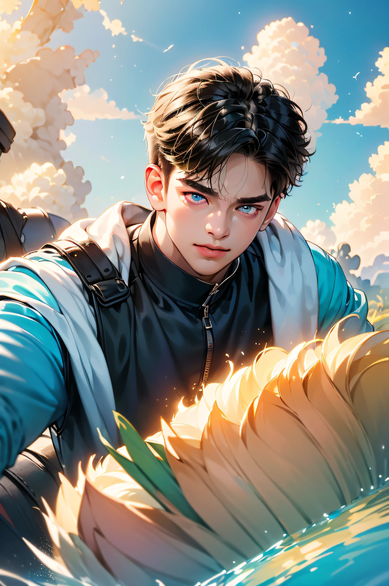 (in 8K、top-quality、masterpiece:1.2)、1 boy、short-haired、Hair short、Brown-skinned、Blue View、