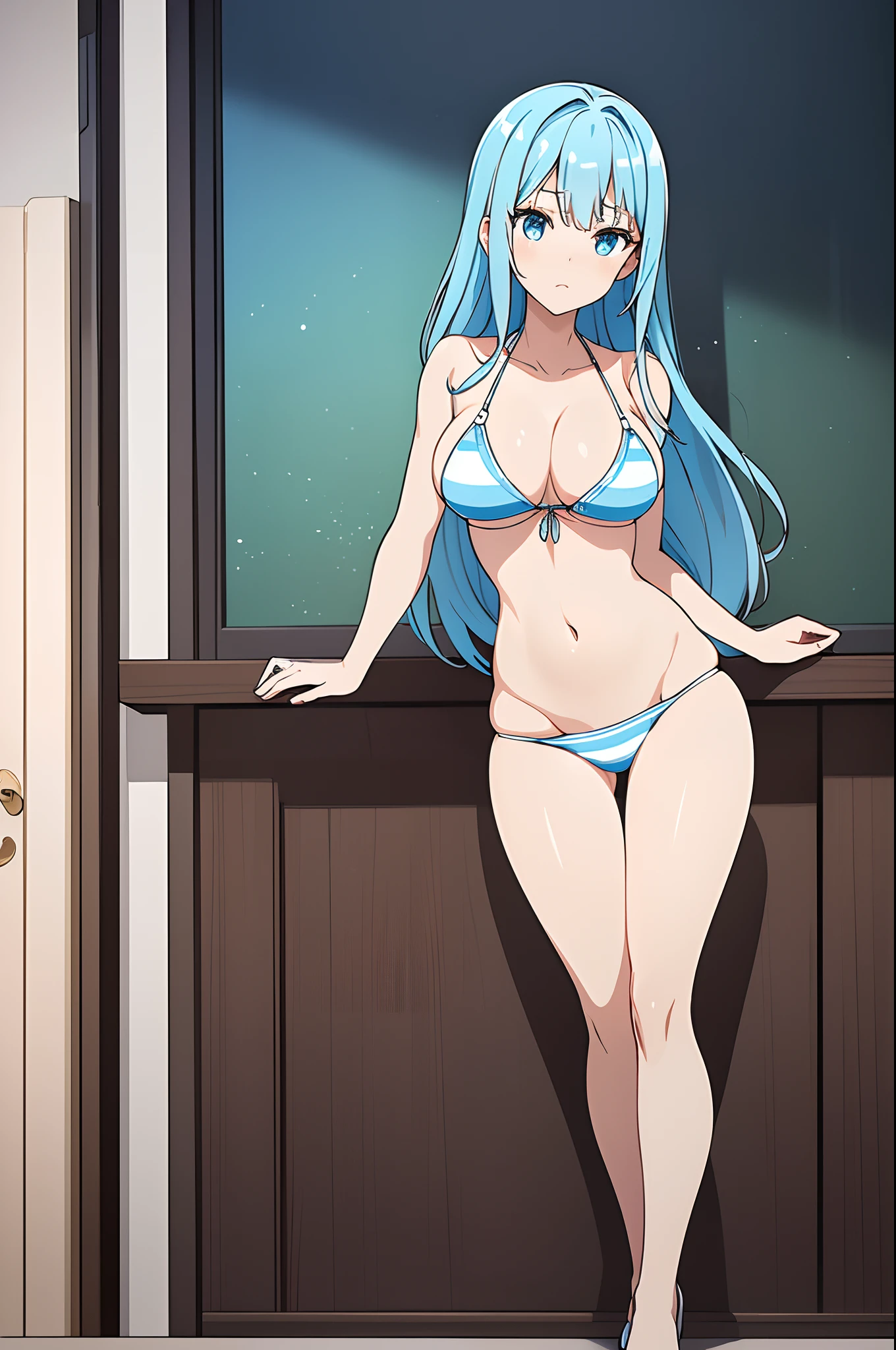 high-level image quality、top-quality、((ultra-detailliert)), ((Superb illustration)), ((astounding)), (An ultra-high picture quality), Gorgeous and rich graphics, (extremely delicate and beautiful:1.21), 8K, Beautuful Women、1 persons、sullenness、embarassed expression、(blue hairs)、(((masutepiece:1.3)))、Bob Head、(shorth hair:1.3)、(swim wears)、(The bikini)、the beach、Wet、cinematlic lighting、Beautiful and perfect legs, Clean and perfect hands、(large full breasts:1.2),(thighs thighs thighs thighs:1.15) ((18year old)) blue eyes, Have a very sexy body, Full chest and narrow waist, And a very sexy body,