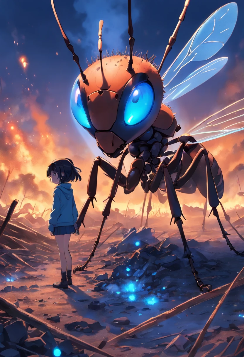 Ant with glowing blue spots in burnt wasteland