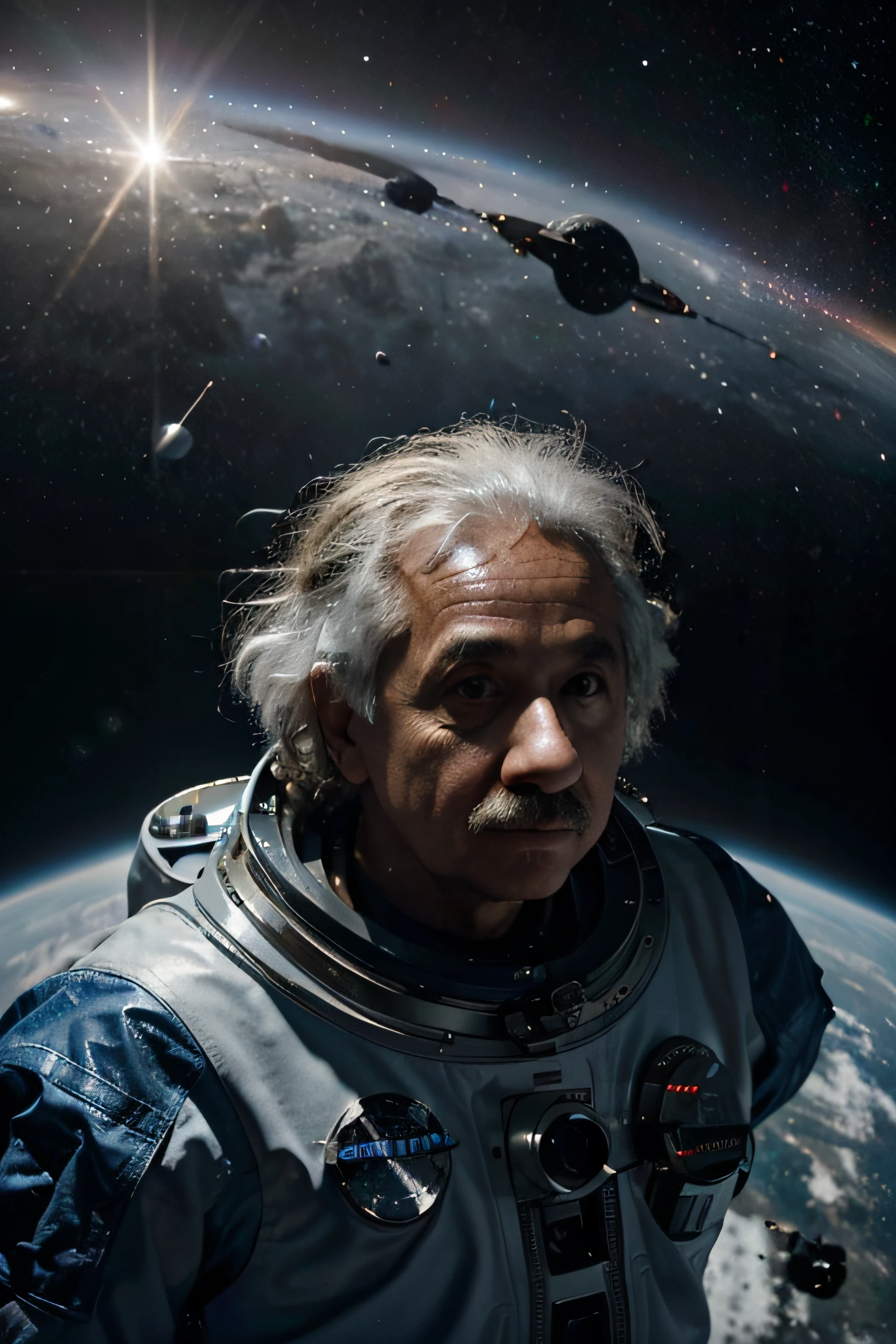 Describe a futuristic scene in which Albert Einstein is floating in outer space, Wearing an advanced astronaut suit. He's surrounded by stars, distant planets and galaxies, while holding a complex mathematical equation that seems to create a trail of light in space.