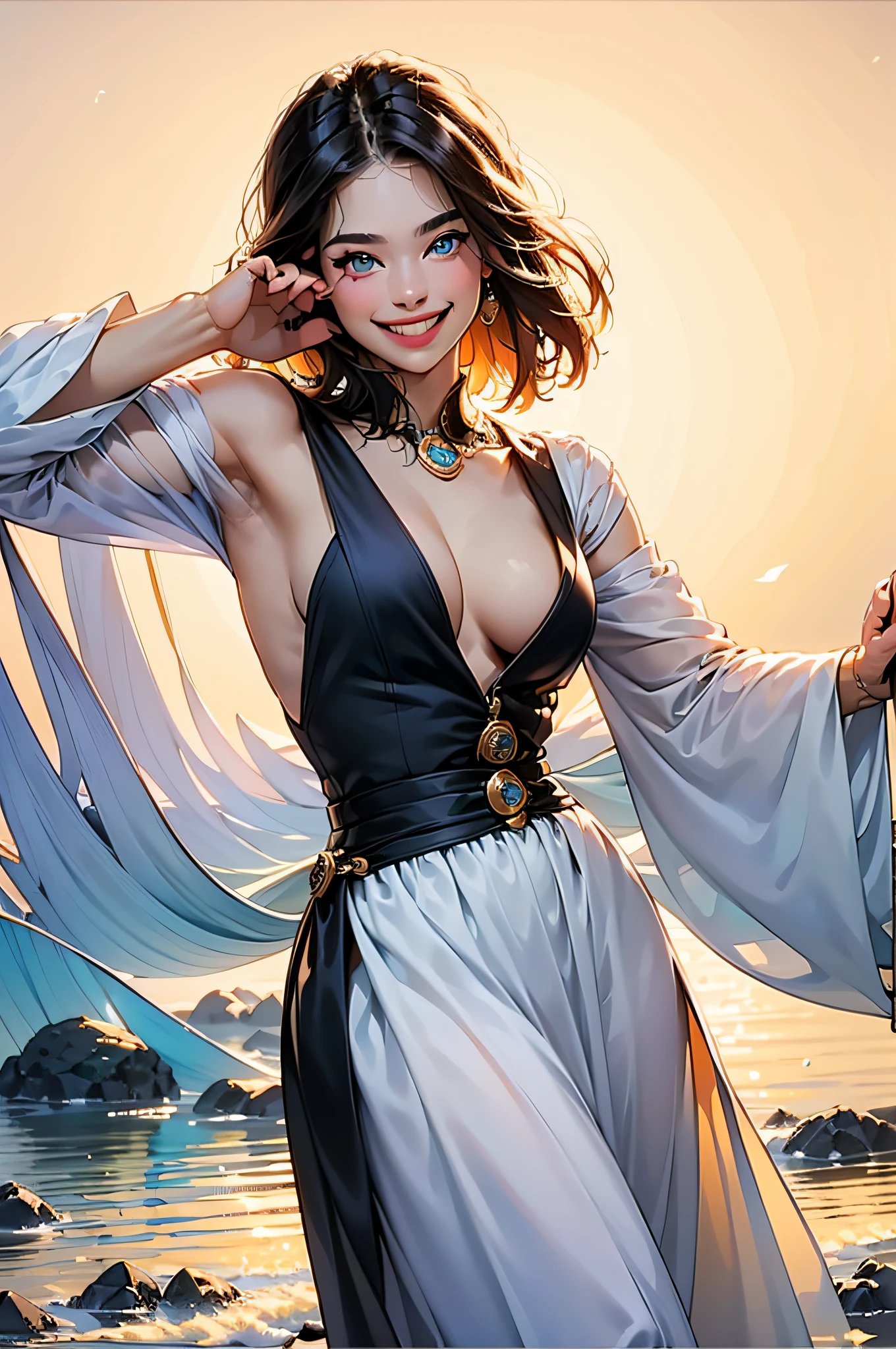(in 8K、top-quality、masterpiece:1.2)、1人の女性、(Smiling smile:1.1)、beautidful eyes、Valley、The upper part of the body、shorth hair、Like a boy、Colossal tits、Blue View、