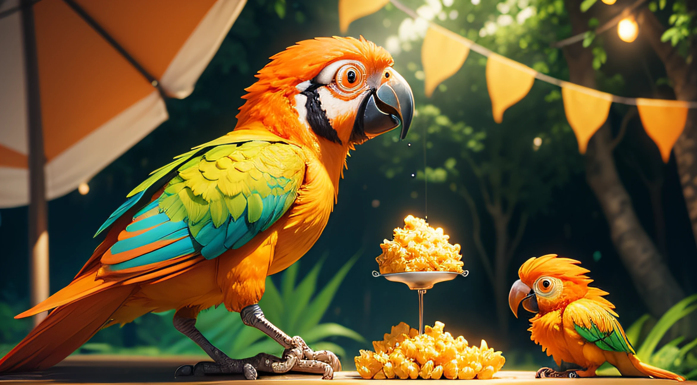 sideview of a orange parrot, Pixar Style Movie, so cute, big eyes, bright eyes, pretty eyes, fullbody orange, forest party, Clothesline Lights, smilling, juice cup, popcorn plate, cornflake bowl