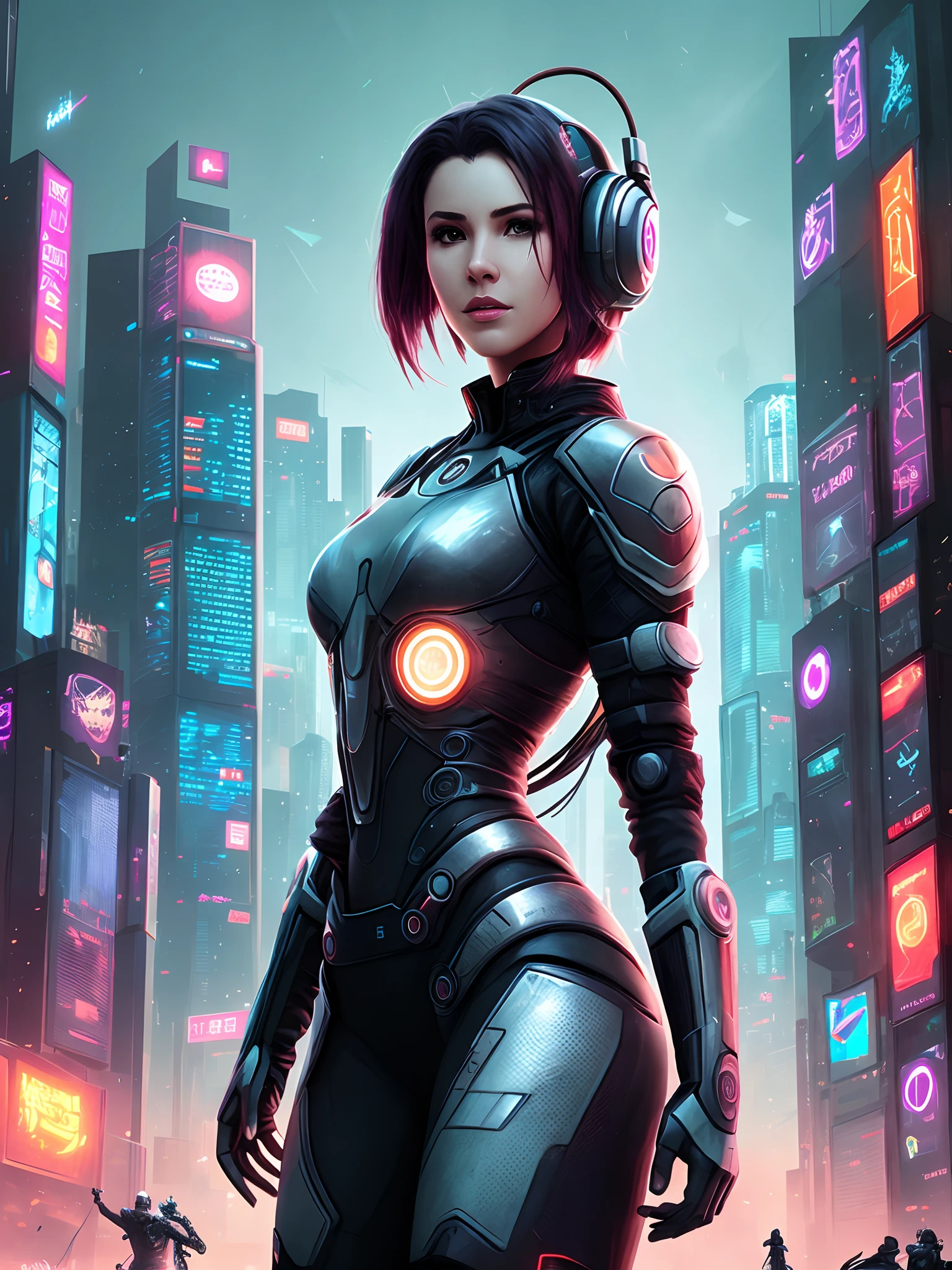 from above, cyborg, sci-fi, space, neon lights