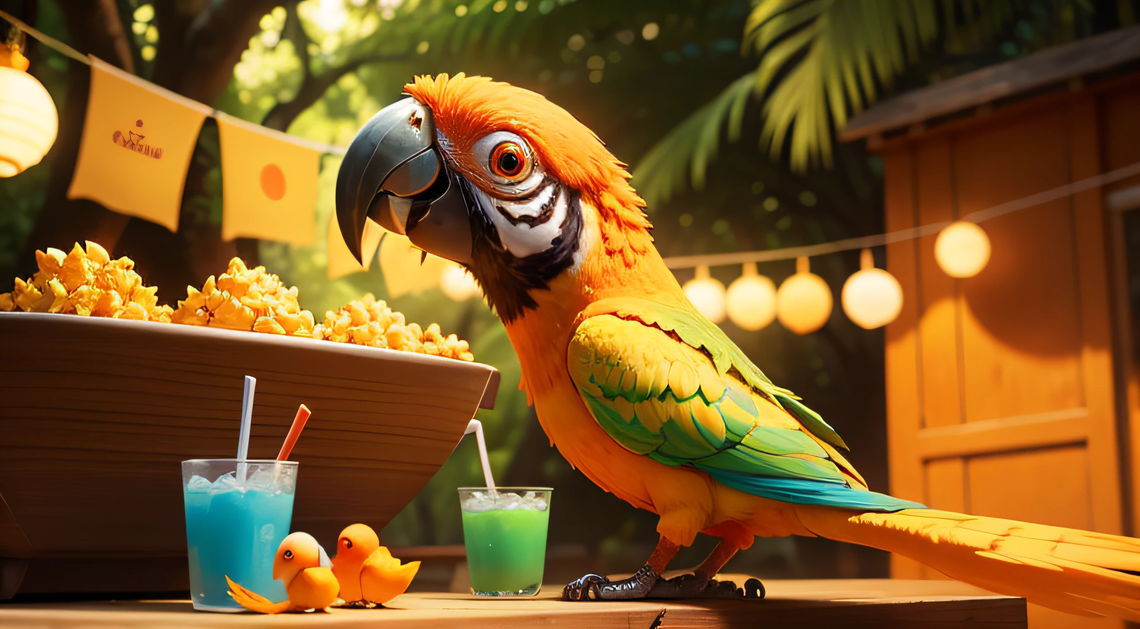 sideview of a orange parrot, Pixar Style Movie, so cute, big eyes, bright eyes, pretty eyes, fullbody orange, forest party, Clothesline Lights, smilling, juice cup, popcorn plate, cornflake bowl