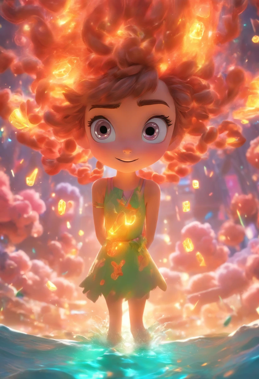 Sophia lillis , Estilo Pixar, no estilo de objetos tridimensionais luminosos, tem um sorriso de desenho animado, com olhos bonitos, pele clara e bochechas cor-de-rosa, A winning photo in the community contest, morango longo, Holding the edge of her dress with both hands, ligeiramente elevado, - cabelos vermelhos, Espinho, cabelos vermelhos muito cacheados, Sentimentos na praia, iridescence/lustro, Imagem realista ultra detalhada, 16K - Estilo Expressivo - Negi 5, best quality, alta qualidade, high resolution, Reinforcement Details, sendo capa de um filme, logo com o nome de; Delirium