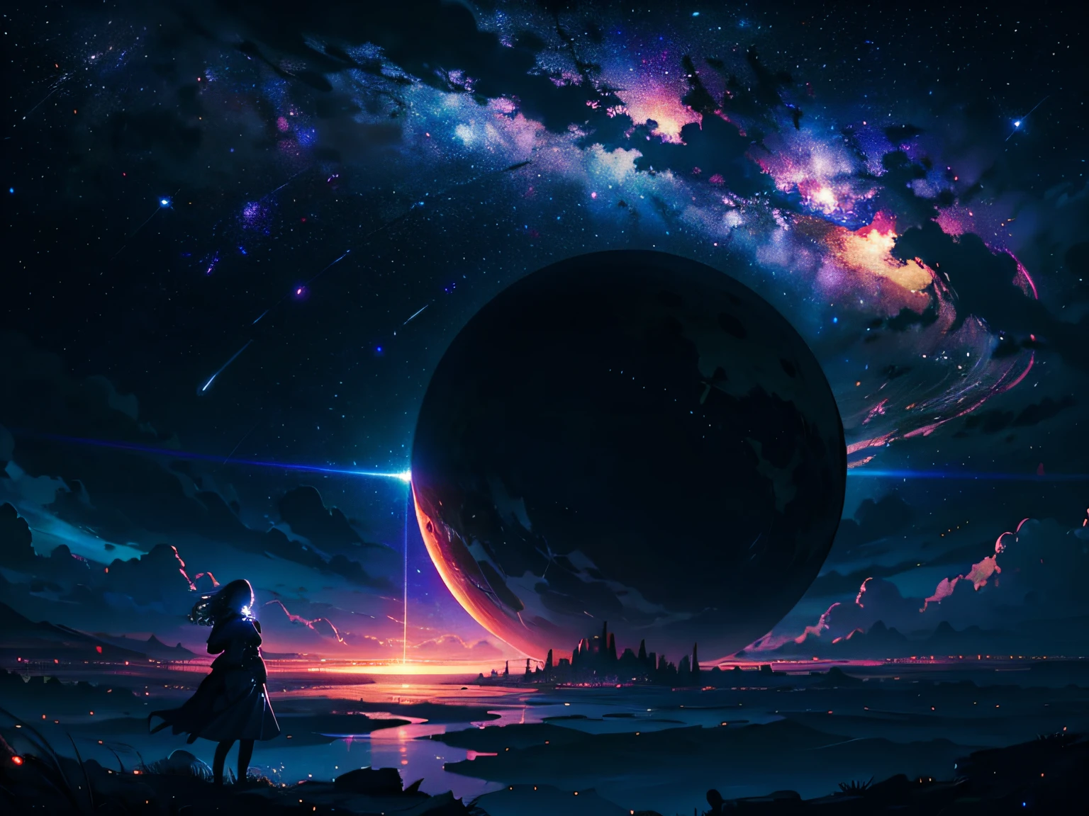 4k Landscape, beautiful stars at background, looks like a dream, sky looking extremely beautiful, ultra resolution, perfect lighting, Dark space, space photo, extremely beautiful, fantasy world, girl looking at the sky, dark vibes, perfect color grading, a planet at the sky, worlds collide