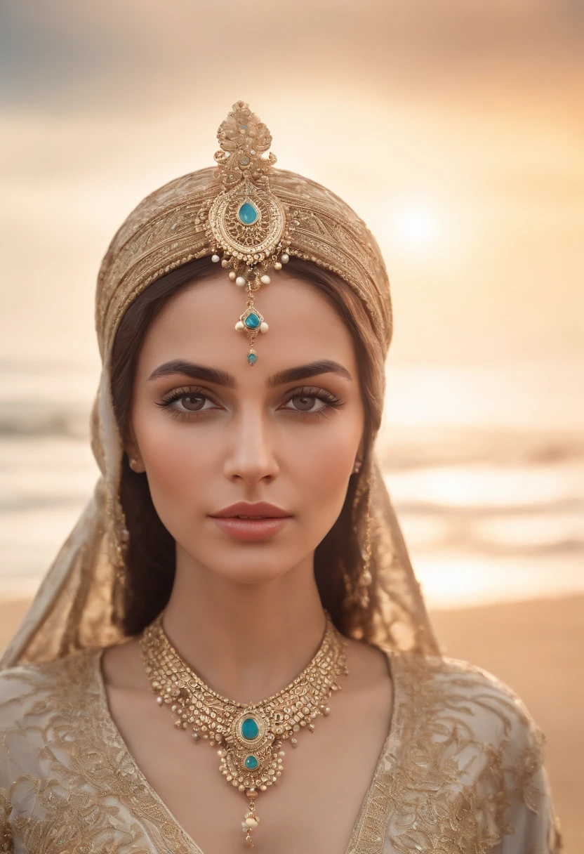 High waist portrait of beautiful and exotic Arab woman wearing Moroccan clothing on the beach, perfect detailed face, detailed symmetrical hazel eyes with round irises, stunning photorealistic, 3D rendering, octane rendering, intricately detailed, cinematic, trending on art station, isometric, Hypercentric cover image, gorgeous full color, hand drawn, dark, gritty, mucha, klimt, erte 12k, hd, cinematic, neoprene, behance contest winner, portrait featured on unsplash, stylized, seamless, ultra hd digital art, 8k, Unreal Engine 5, Ultra Sharp Focus, Complex, Ominous, Epic Masterpiece, Tanveer Tamim, Trending on Artstation, by Artjerm, H. s. Geiger and Beksiński, very detailed, lifelike