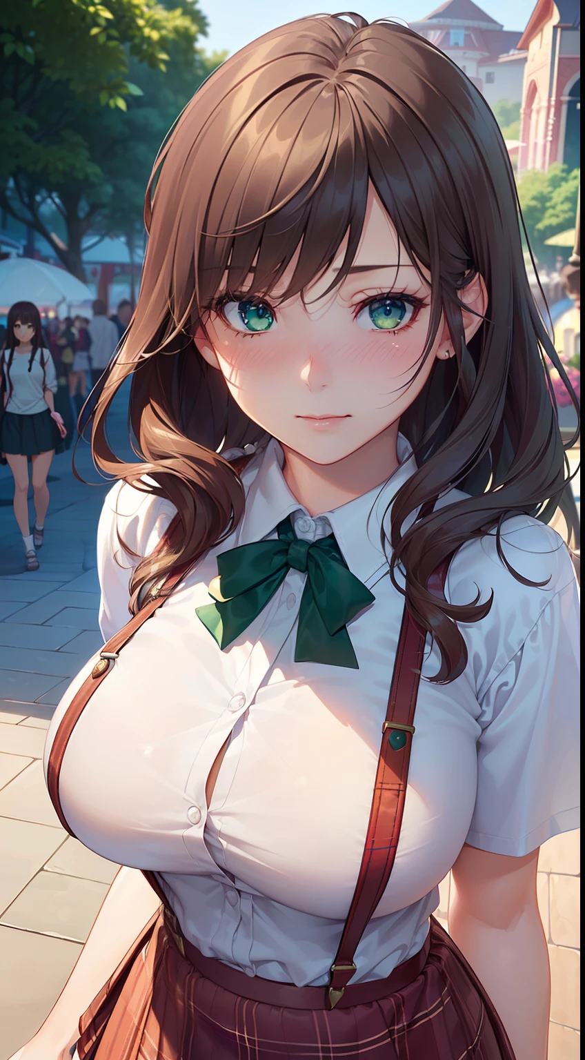 There are many human bodies((Masterpiece, Best quality, A high resolution, hyper HD, Perfect pixels, Depth of field, 4K, RTX, hdr))), 1girll, Single, Solo, Beautiful anime girl, Beautiful Art Style, anime figure, ((Long hair, bangs, Brown hair, Curly hair:0.8)), ((Green eyes:1.4, Rounded eyes, Beautiful eyelashes, Realistic eyes)), ((Detailed face, Blushing:1.2)), ((Smooth texture:0.75, Realistic texture:0.65, Photorealistic:1.1, Anime CG style)), huge tit, Dynamic Angle, Perfect body, ((Portrait, angle of view)), ((Floral suspender skirt wrapped hip skirt)), Smile, An amusement park