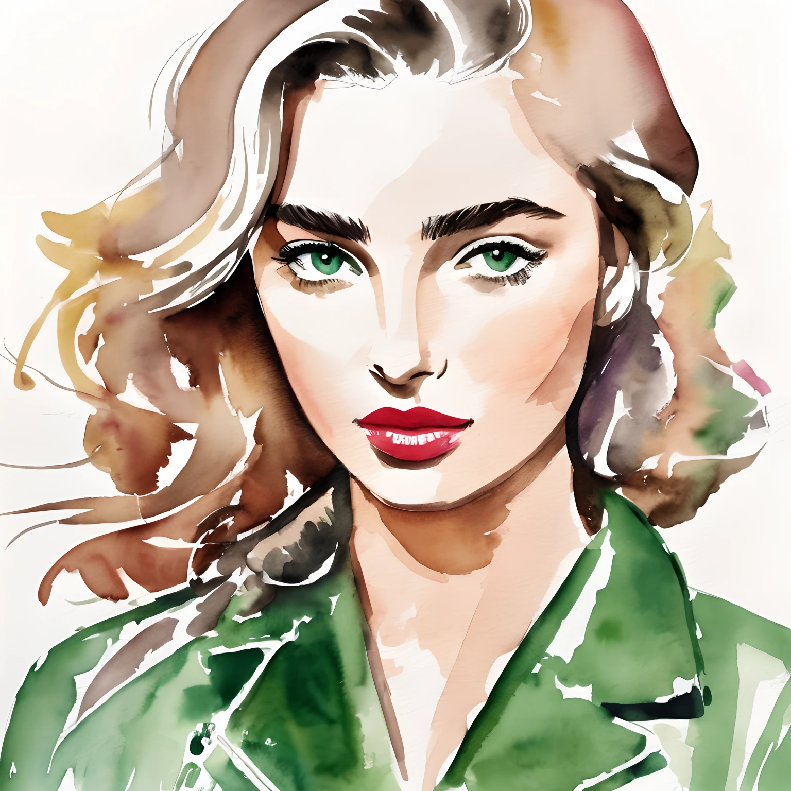 David Downton fashion illustration, watercolor drawing, thin blonde hair 1woman, Andreea Diaconu, cute face, green eyes, rose lipstick, gentle lilac sweatshirt, gray leather jacket, orange autumn leaves