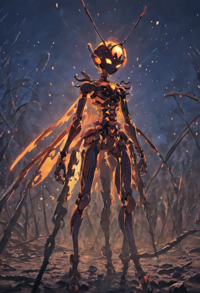 Ant with glowing blue spots in burnt wasteland