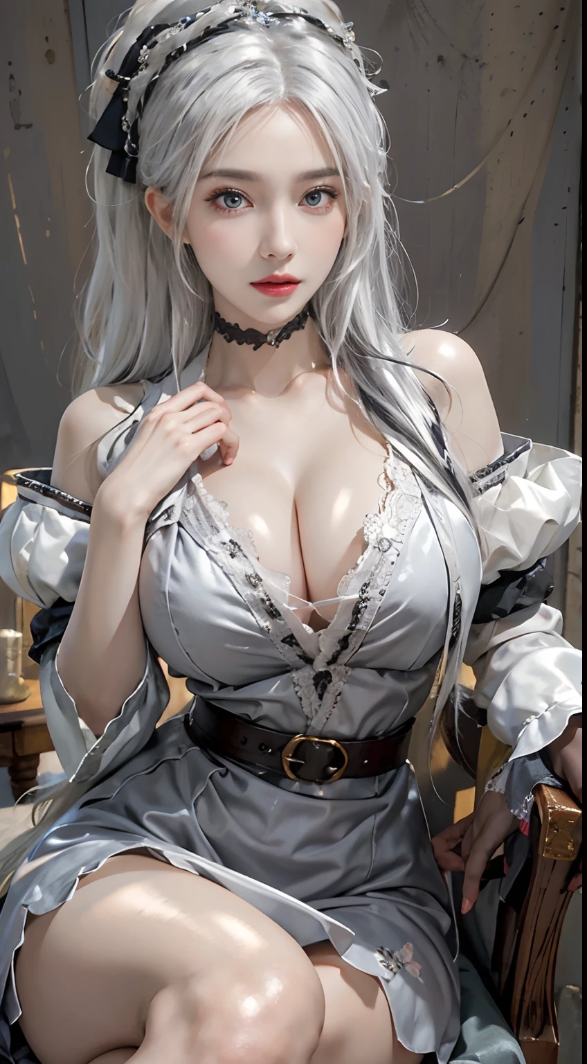 Photorealistic, high resolution, 1womanl, Solo,  view the viewer, (Detailed face), White hair, Long hair, Maid outfit, jewelry，，Sitting down，spread their legs，hand behind head， ，（big breasts exposed cleavage），Fingers open