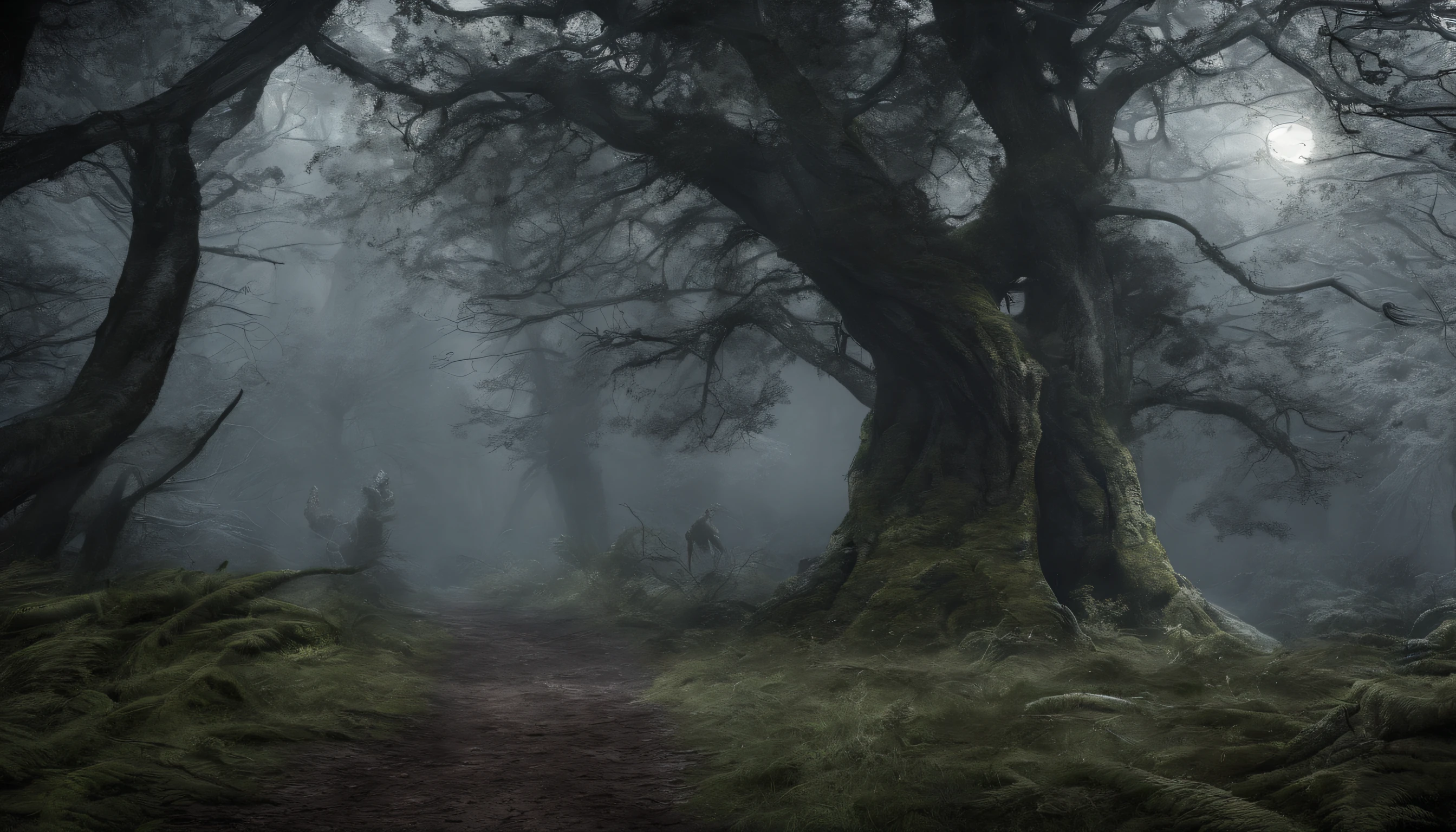 dunkler mystischer Wald, somber mood, neblig, schatten, mond