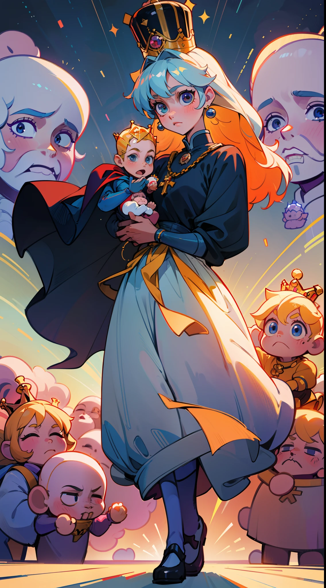 The beautiful 16-year-old queen holds a (baby prince:1.5) wearing shavings in her arms, Walking, Straight eyes, radiating a brilliant aura, Rosary handle, Crown Team, (Systemic: 2.0), Stand in the cloud, our lady, (full body: 2.0) anime, orgrange, with black parts. cinematic lighting, Futurism, Surrealism, anatomically correct, 4K, 8k, super detail,