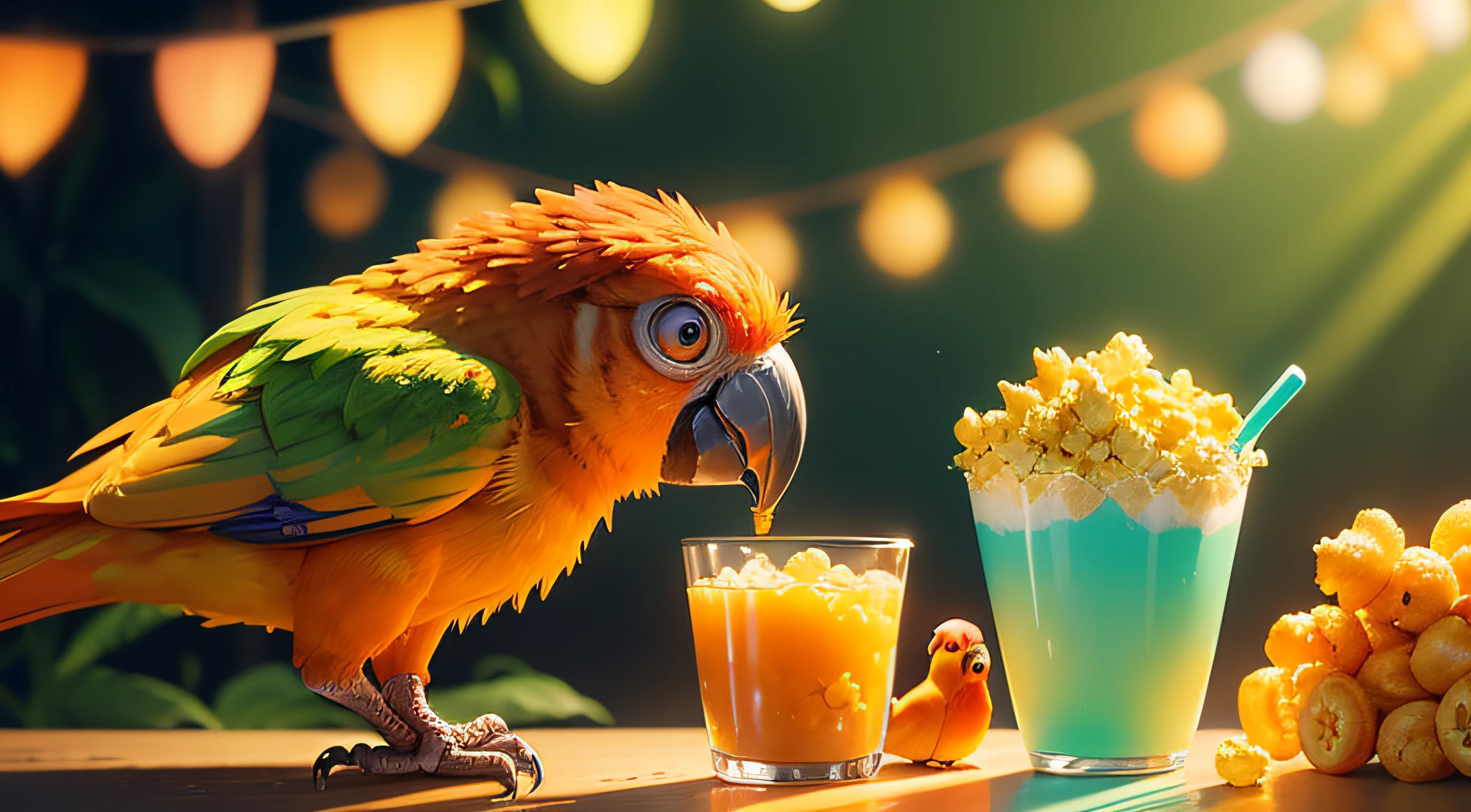 sideview of a orange parrot, Pixar Style Movie, so cute, big eyes, bright eyes, pretty eyes, fullbody orange, forest party, Clothesline Lights, smilling, juice cup, popcorn plate, cornflake bowl