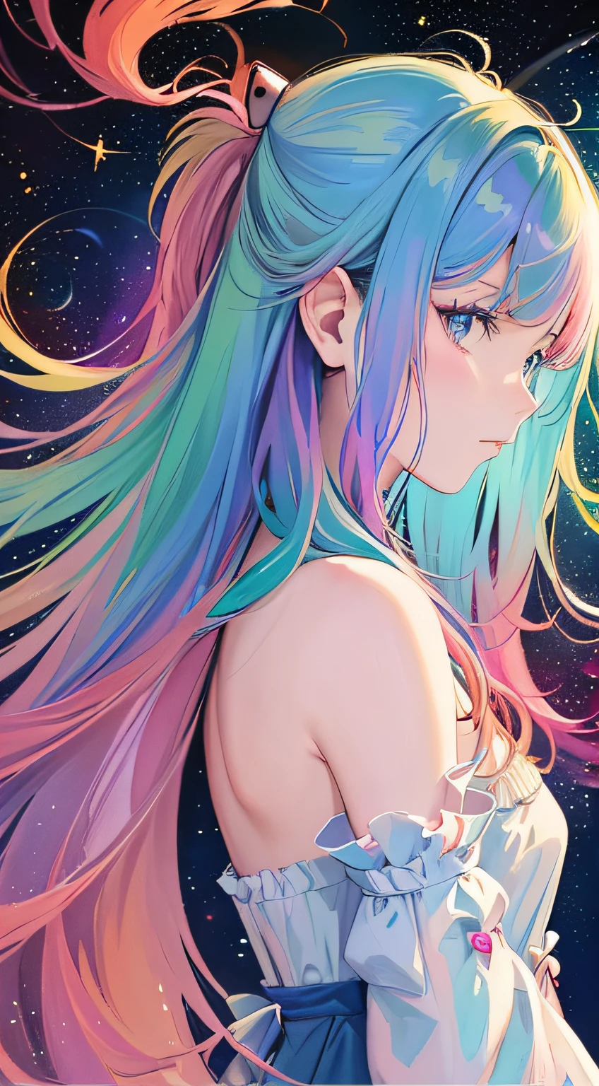 (masterpiece, top quality, best quality,watercolor (medium),official art, beautiful and aesthetic:1.2),(1girl:1.3), (fractal art:1.3),upper body, from side, looking at viewer,patterns,(rainbow color Hair,colorful hair,half blue and half pink hair:1.2),water,liquid, cloud,colorful, starry,stars,