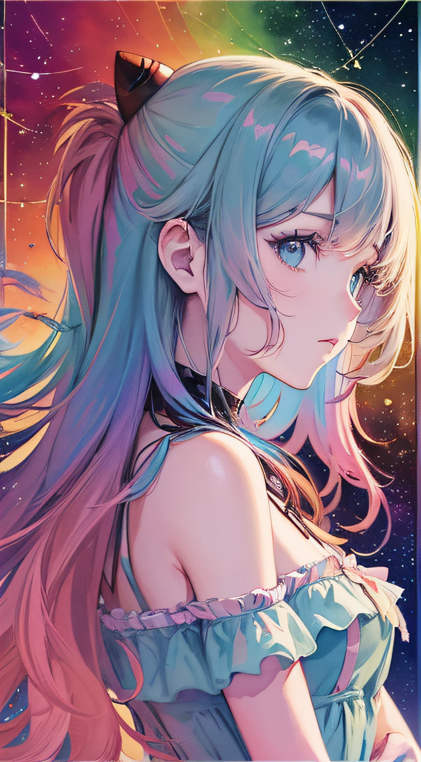 (masterpiece, top quality, best quality,watercolor (medium),official art, beautiful and aesthetic:1.2),(1girl:1.3), (fractal art:1.3),upper body, from side, looking at viewer,patterns,(rainbow color Hair,colorful hair,half blue and half pink hair:1.2),water,liquid, cloud,colorful, starry,stars,
