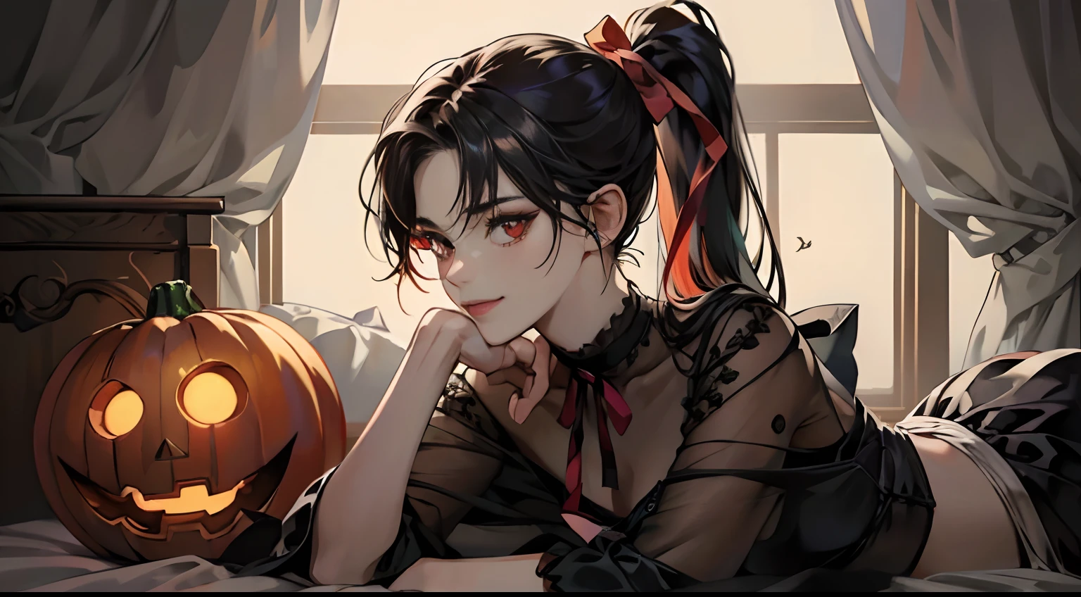 (Best Quality,4K,High resolution), 18yo woman, Red mesh hair on black hair, Glossy long straight ponytail、Red ribbons、 Innocence,、sharp eye、red eyes、small nose、eye liner、Wearing a high-class babydoll、Halloween、Pumpkin haunted lamp、lie down at the elbows、Look here、Smile refreshingly、Facial expression close-up、Facial do-up
