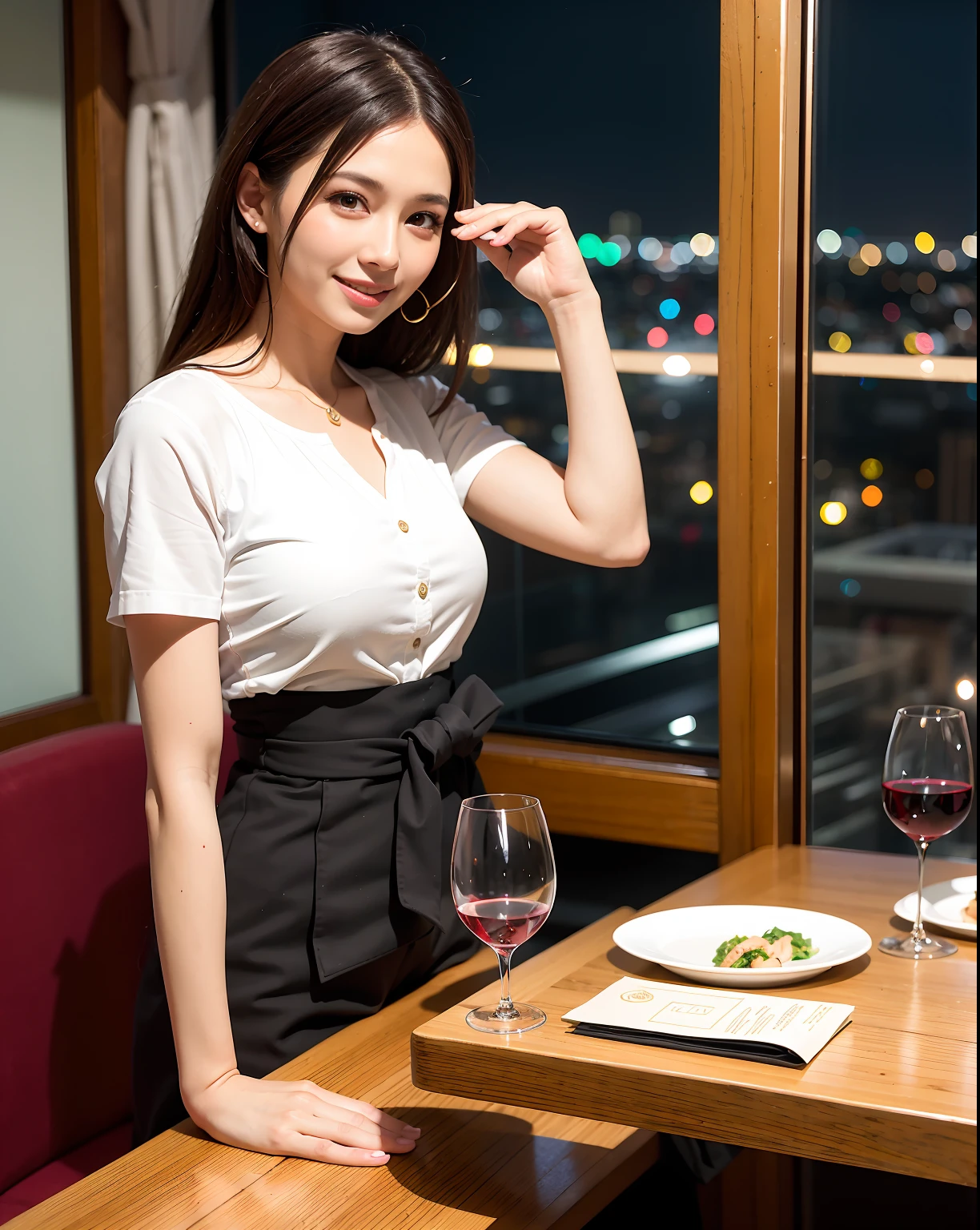 (64K, UHD, top quality, masterpiece: 1.2), (realistic, photorealistic: 1.37), super detailed, pretty woman 1 person, (slim face), (slim body), (brown hair), (short cut), cheeks slightly blushing, (44 years old), 38 years old, solo, beautiful detailed urban night view outside the window, restaurant, wine glasses sit, at night, in a prominent placeNovaFrogStyle, Actress, Model, Waist Up, White Wine, Slim, Wine Glass, Super Clean Night View, Wine Glass Put in the Middle, Happy Smile, (Smile: 1.15), Beautiful Fine Eyes, Upper Body, Bust Japan Up, Night, Short, Short, Actress, Model, Waist Up, White Wine, Slim, Wine Glass, Super Clean Night View, Wine Glass Put in the Middle, Happy Smile,