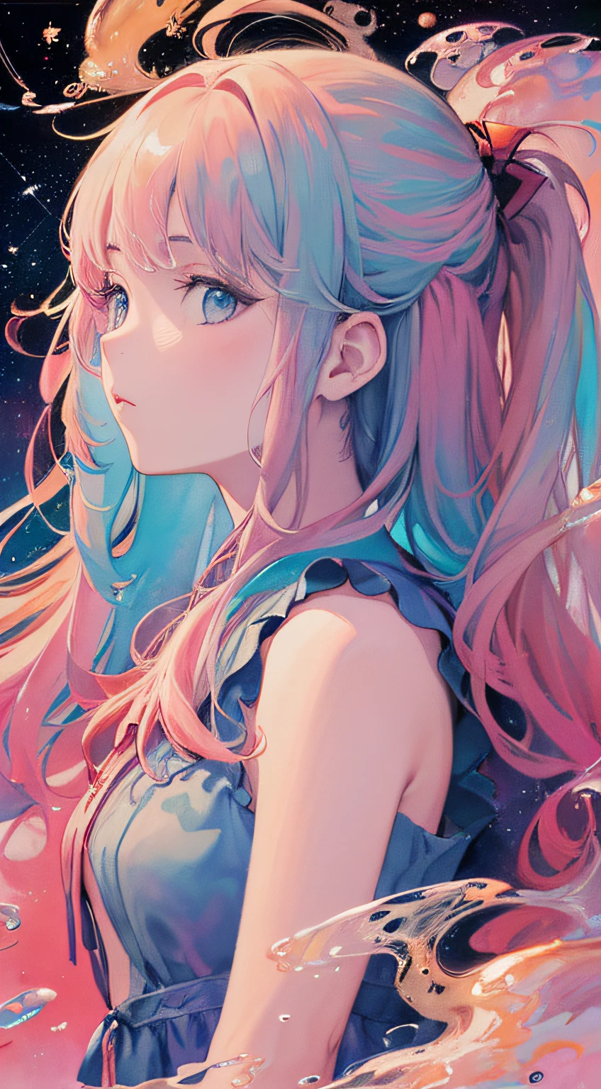 (masterpiece, top quality, best quality,watercolor (medium),official art, beautiful and aesthetic:1.2),(1girl:1.3), (fractal art:1.3),upper body, from side, looking at viewer,patterns,(rainbow color Hair,colorful hair,half blue and half pink hair:1.2),water,liquid, cloud,colorful, starry,stars,