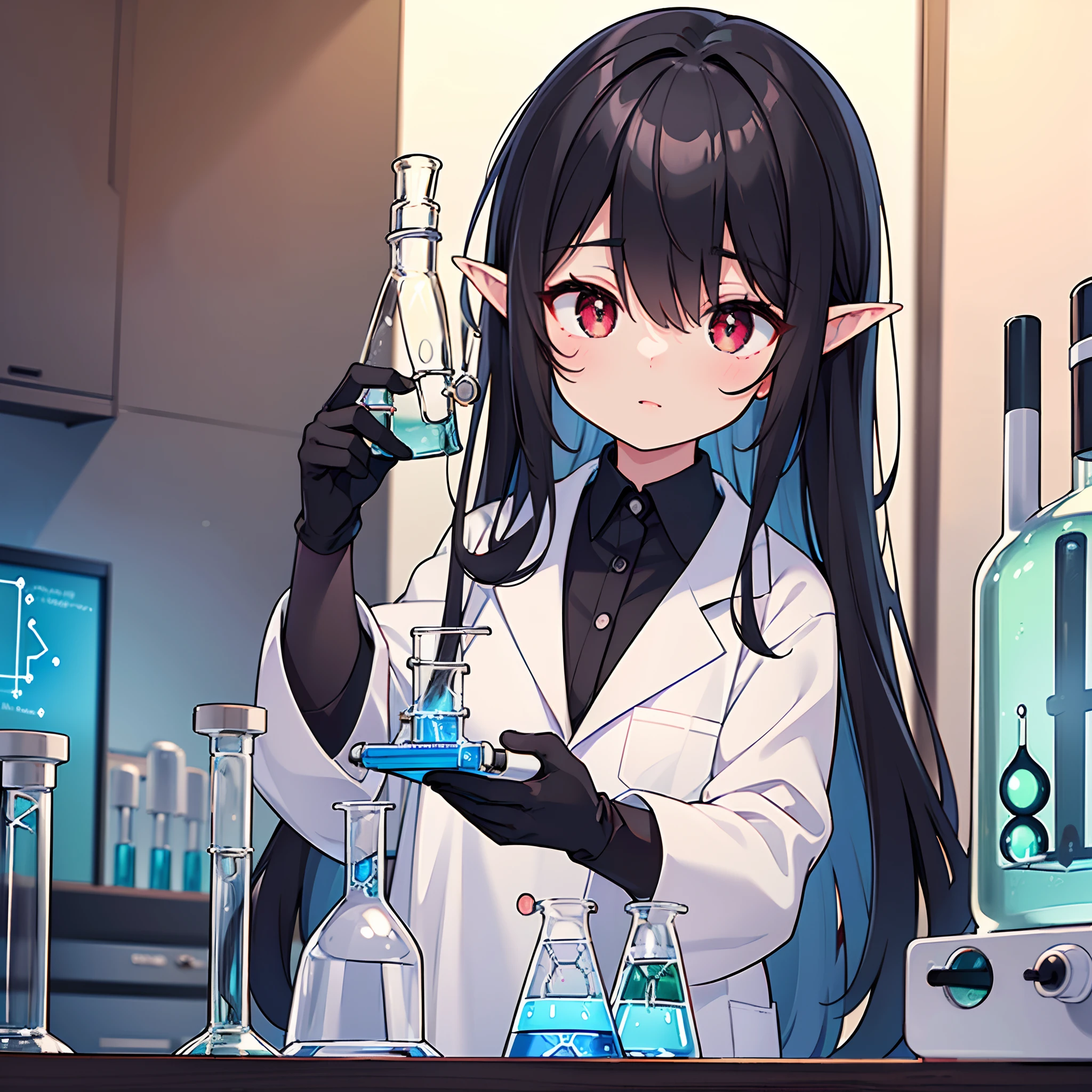 high res, (masterpiece:1.6), (best quality:1.4), best illustration, best shadow, depth of field, detailed eyes, sharp pupils, best dark, beautiful, detailed face, 1girl, (Scientist:1.9), atheist, droopy long black hair, dark hair, dress pants, 8k, high definition, (black gloves), crimson eyes, large lab coat, elf ears, (black lab coat:1.3), Petite stature, short height, (chemist), (dark and large chemistry lab:1.5), chemistry vats in background,