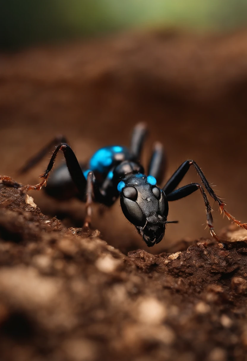 Ant with glowing blue spots in burnt wasteland