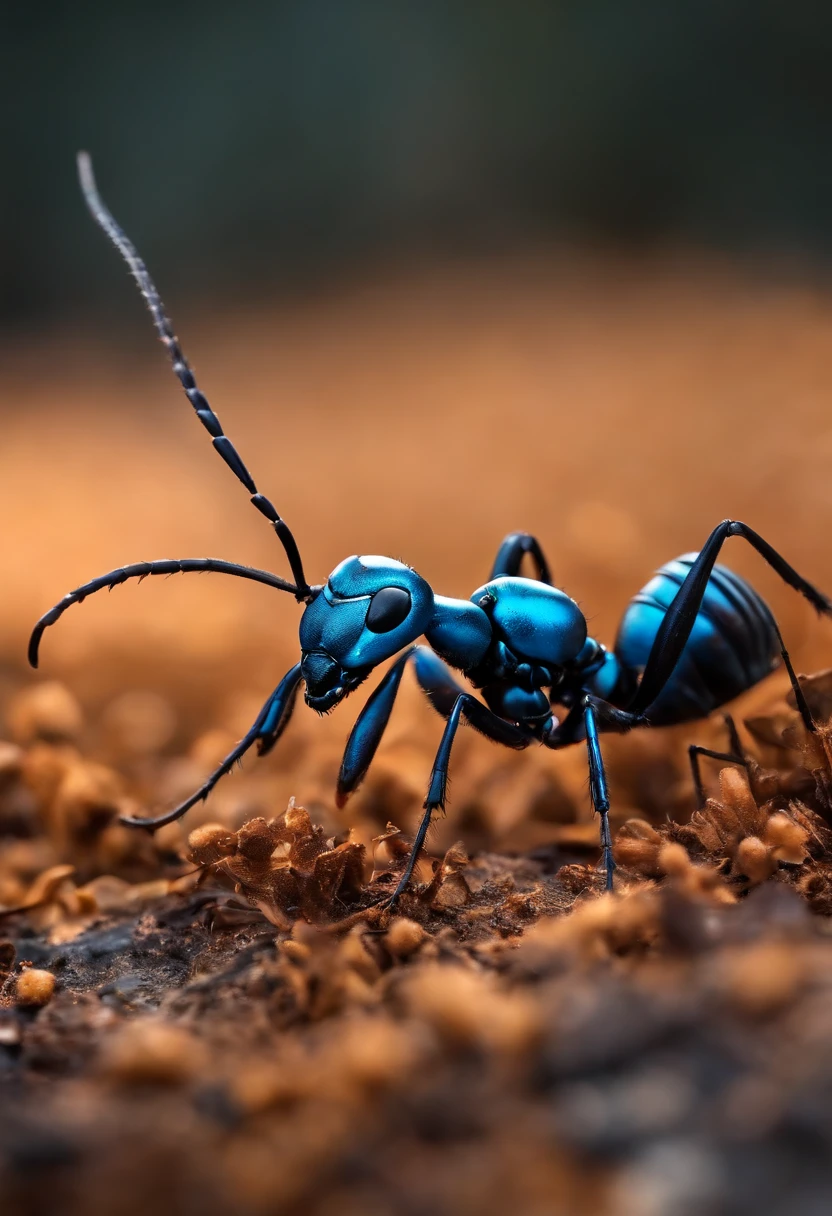 Ant with glowing blue spots in burnt wasteland