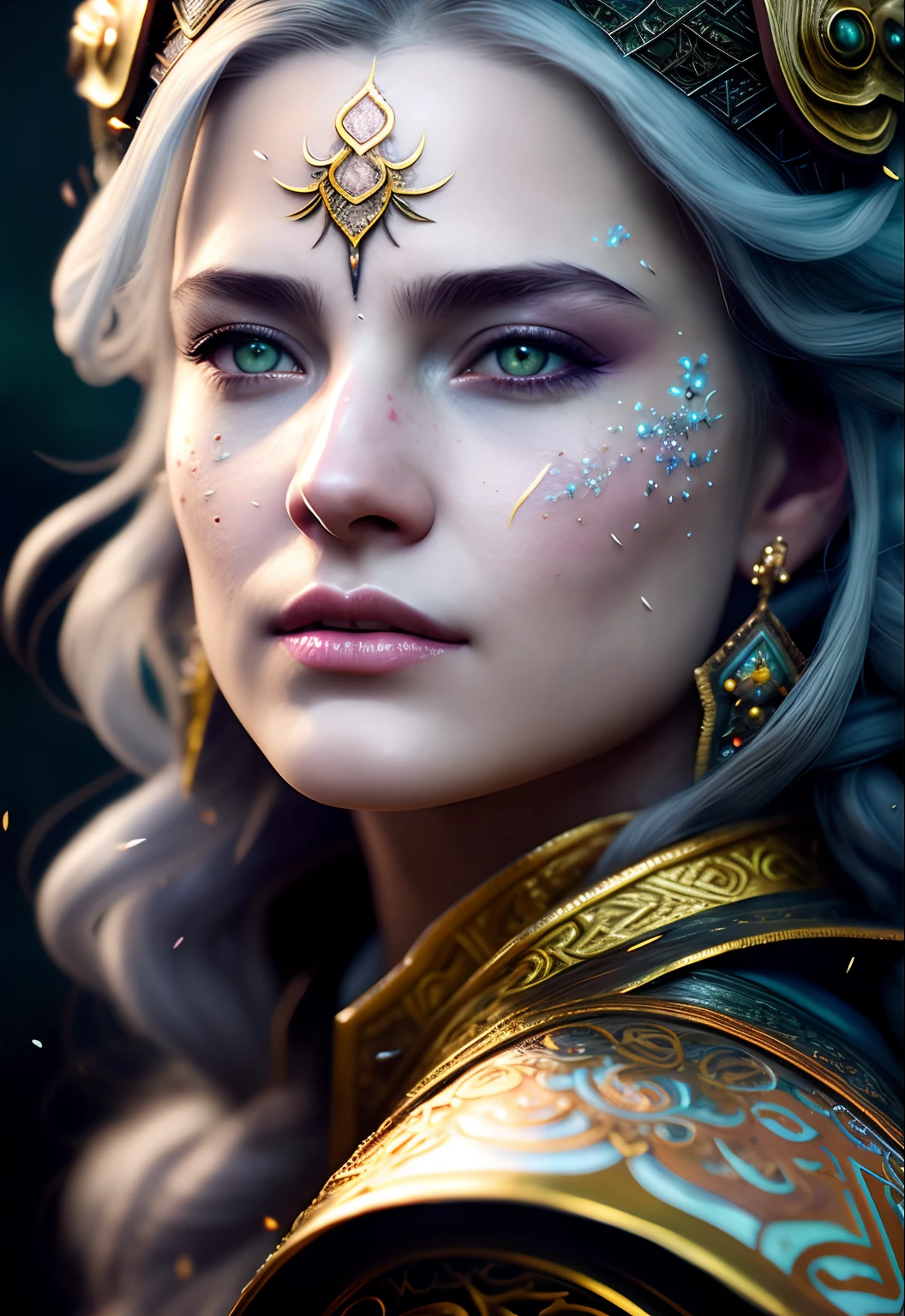 Realistic role-playing face portrait painting of a beautiful rpg champion, pastel color, intricate details, fantasy, universe, intricate magical embroidery, very detail hair, very detail eyes, intense face, [elden ring|d &amp; d] concept art, rpg portrait, octane render, cinematic lighting, (soft shadow:1.2), close up, depth of field, splash art, art by wlop and, greg rutkowski