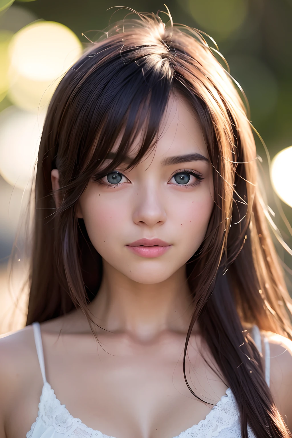 (realistic, photo-realistic:1.37),(8k, RAW photo, best quality, masterpiece:1.2), cute, ultra-detailed,heart-shaped pupils,physically-based rendering, ultra high res, kodakvision color, shot on Arricam LT Camera, bokeh, sharp focus,
looking at viewer,photorealistic,realistic, solo, photorealistic, best quality,extremely detailed face,extremely detailed eyes and face, beautiful detailed eyes,absurdres, incredibly absurdres,haunting smile,Messy hair, floating hair, ,