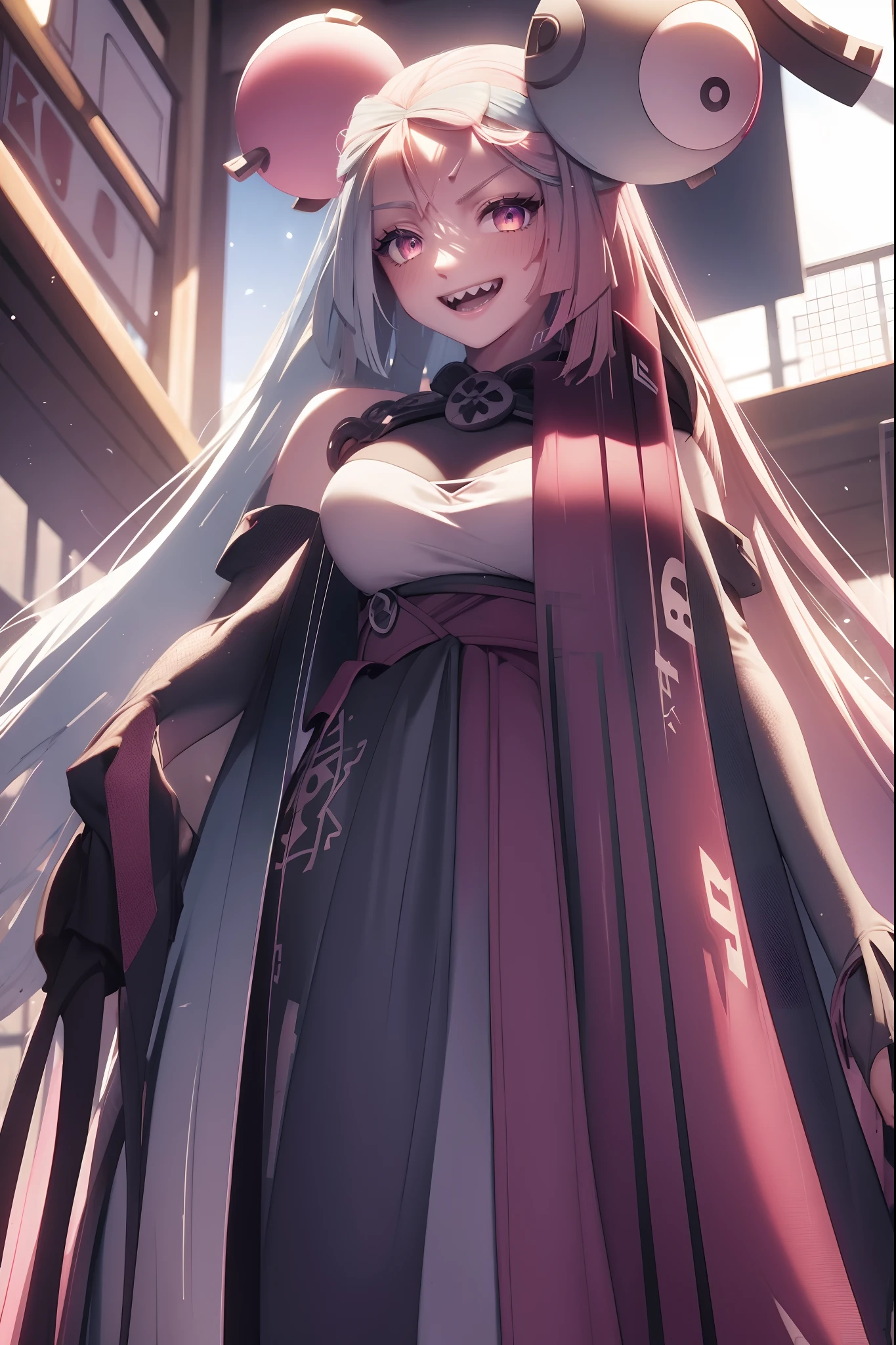 iono,1 girl,pink eyes,solo,smile,open mouth,fangs ,indoors,woman-medieval-clothes, priestess, staff holding, smile, long skirt, large skirt, full body,horns, armor