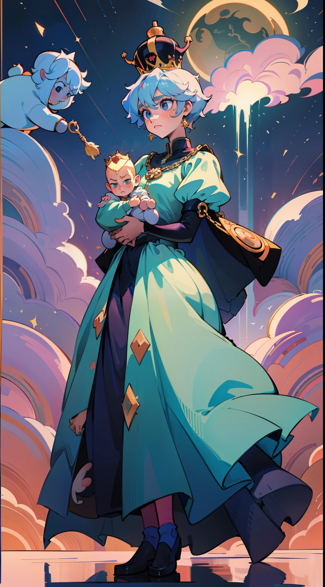 The beautiful -yeld qu holds a (baby prin.5) wearing shavings in her arms, Walking, Straight eyes, radiating a brilliant aura, Rosary handle, Crown Team, (Systemic: 2.0), Stand in the cloud, our lady, (full body: 2.0) anime, orgrange, with black parts. cinematic lighting, Futurism, Surrealism, anatomically correct, 4K, 8k, super detail,