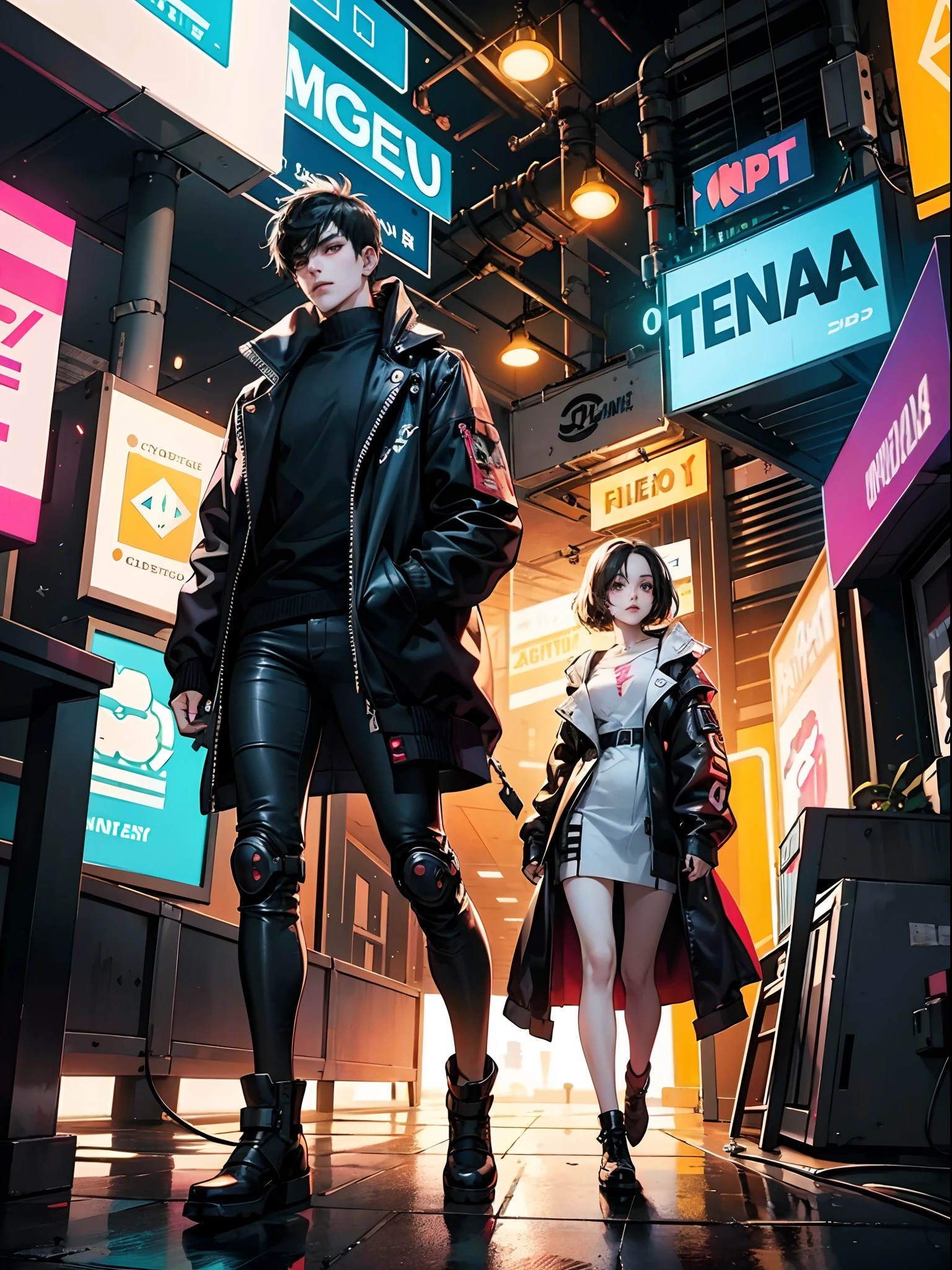 ((Highest quality)), ((masterpiece)), (detailed), One dark-haired man,Cyberpunk clothing,Cool smile,breast enhancement