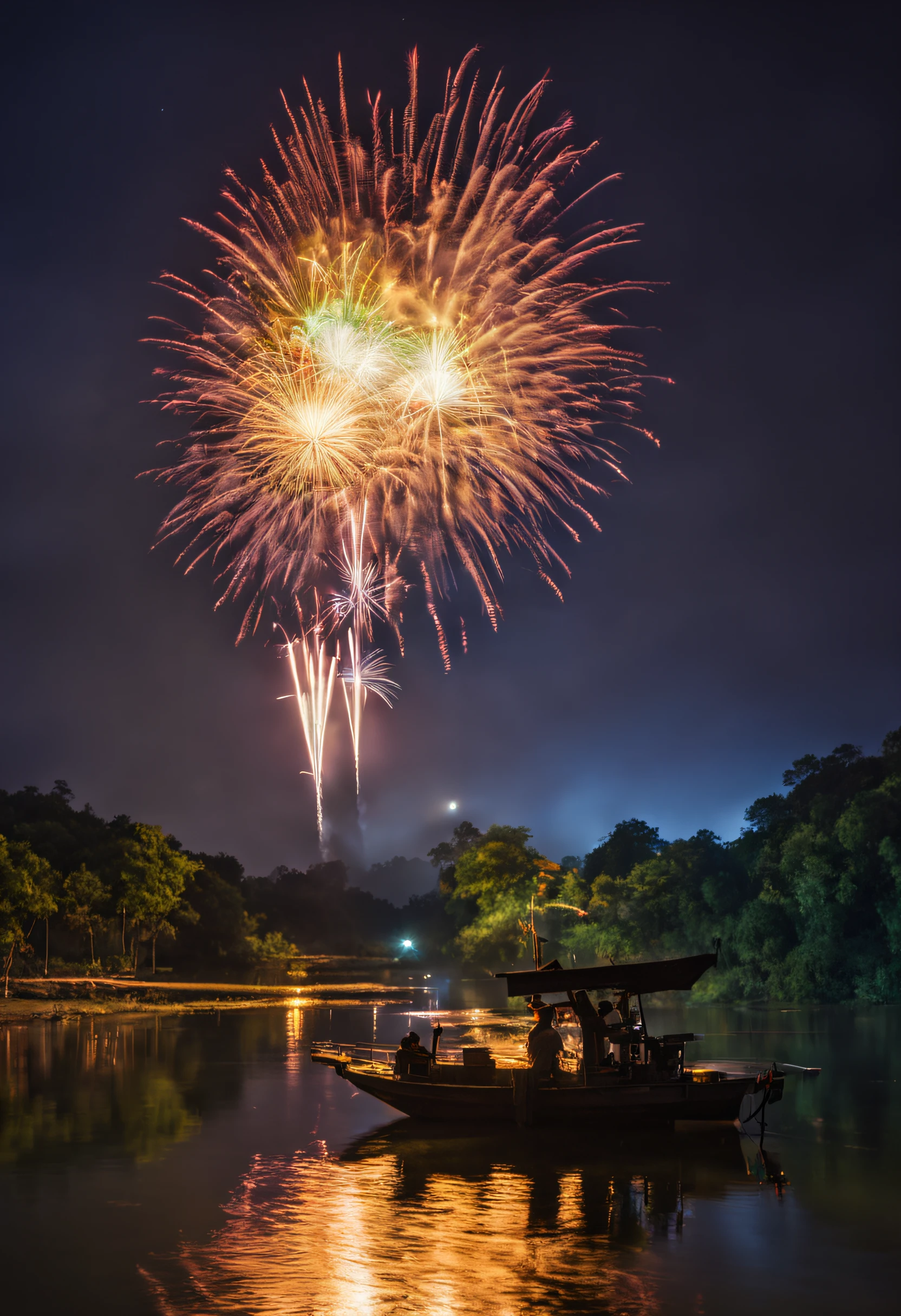 at night , river in thailand , khong river ,bullet gun light buttom to sky, firework fastival , in 2510 year , focus fire work , wide camera , lence flare , night balloon , realistic , warm light unfounded