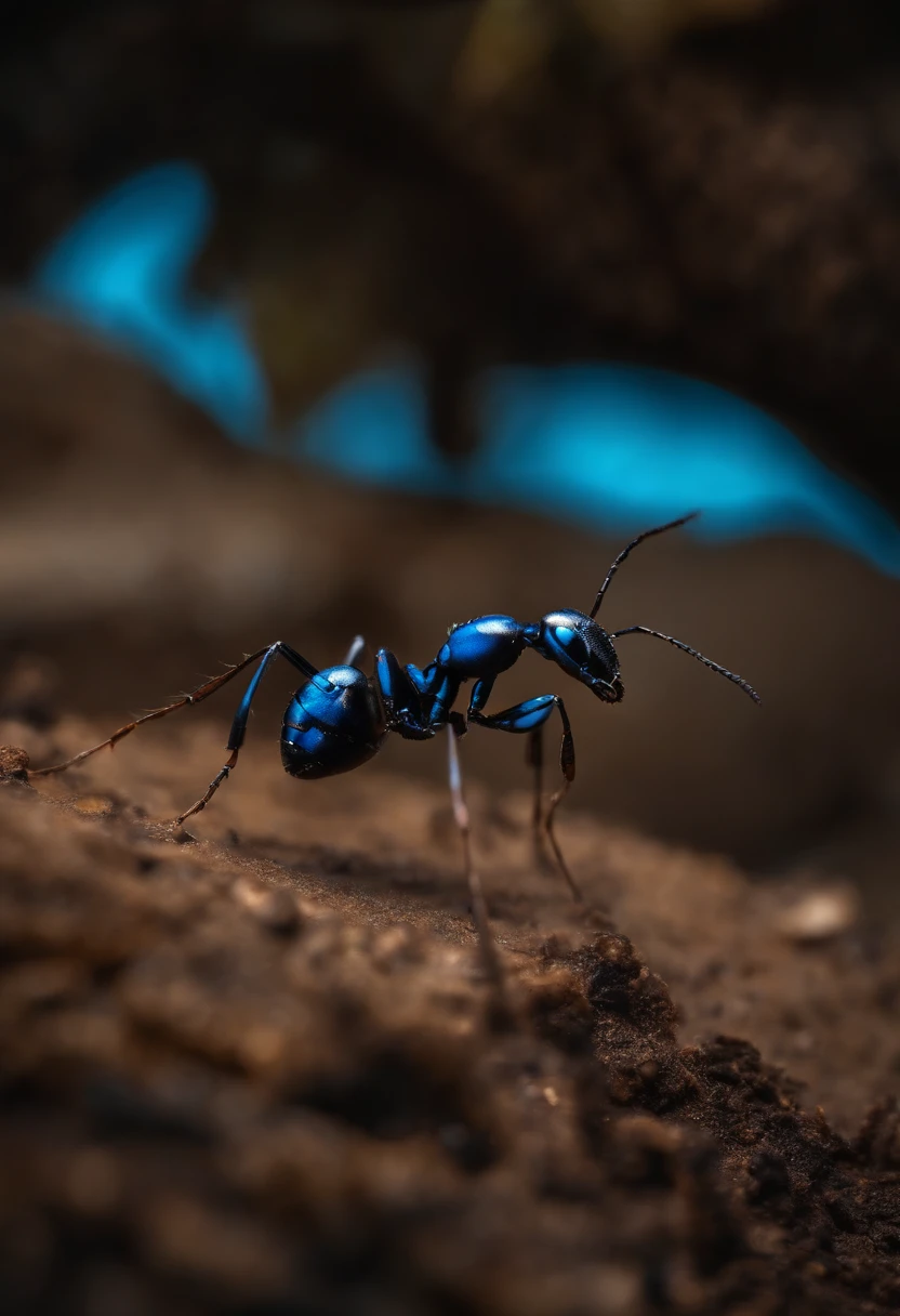 Ant with glowing blue spots in burnt wasteland