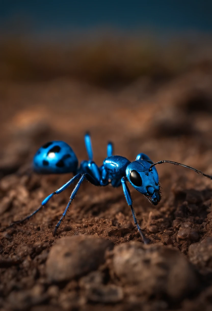 Ant with glowing blue spots in burnt wasteland