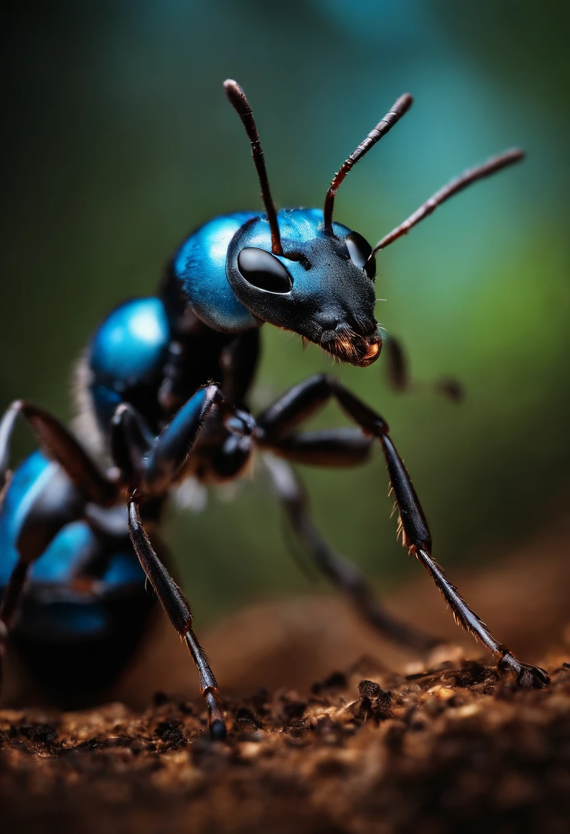 Ant with glowing blue spots in burnt wasteland