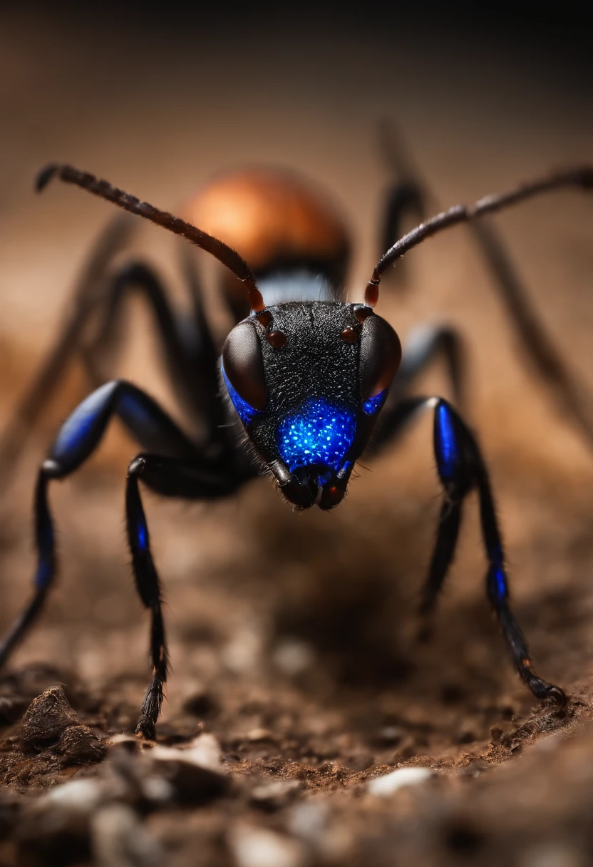 Ant with glowing blue spots in burnt wasteland