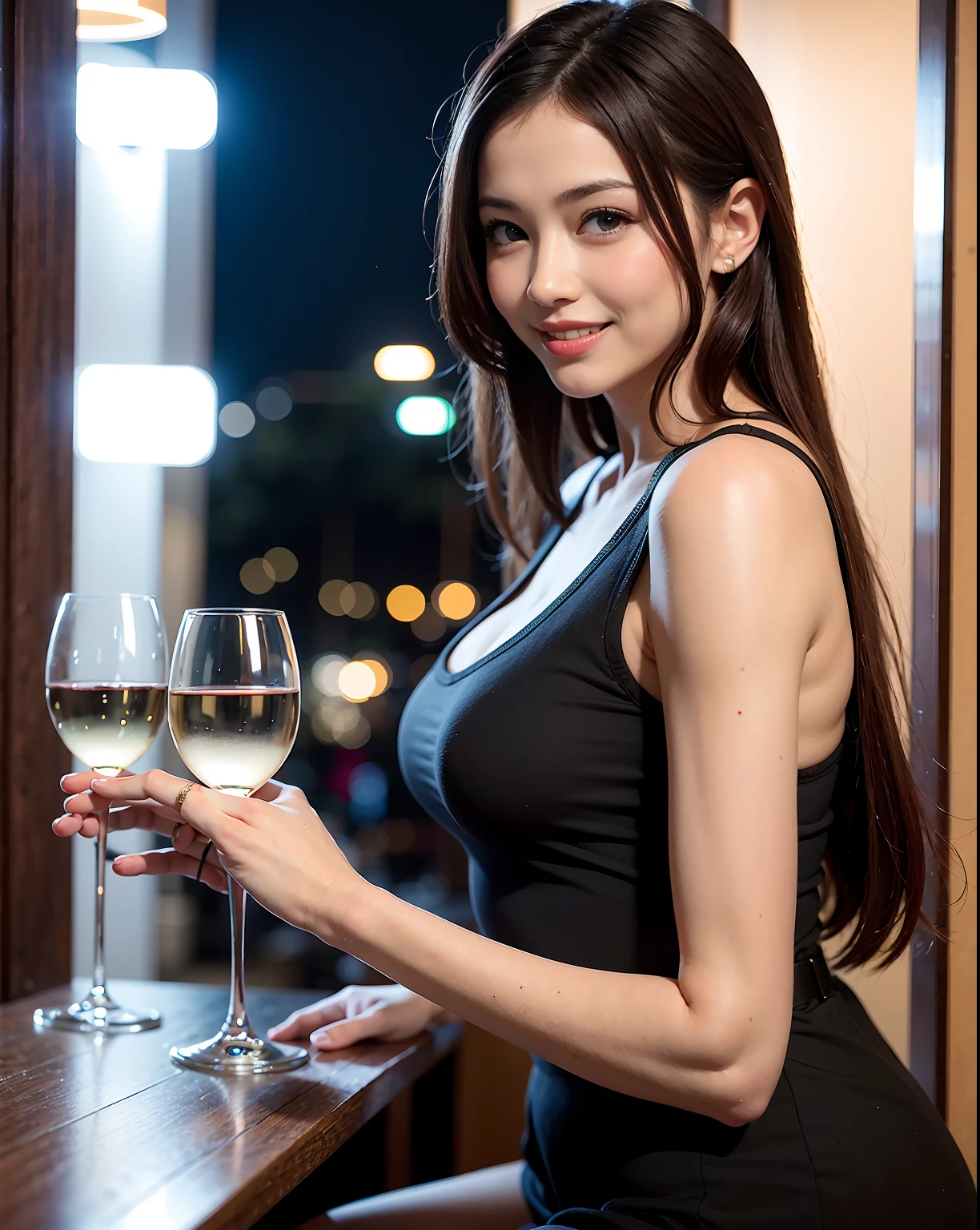 (64K, UHD, top quality, masterpiece: 1.2), (realistic, photorealistic: 1.37), super detailed, pretty woman 1 person, (slim face), (slim body), (brown hair), (short cut), cheeks slightly blushing, (44 years old), 38 years old, solo, beautiful detailed urban night view outside the window, restaurant, wine glasses sit, at night, in a prominent placeNovaFrogStyle, Actress, Model, Waist Up, White Wine, Slim, Wine Glass, Super Clean Night View, Wine Glass Put in the Middle, Happy Smile, (Smile: 1.15), Beautiful Fine Eyes, Upper Body, Bust Japan Up, Night, Short, Short, Actress, Model, Waist Up, White Wine, Slim, Wine Glass, Super Clean Night View, Wine Glass Put in the Middle, Happy Smile,
