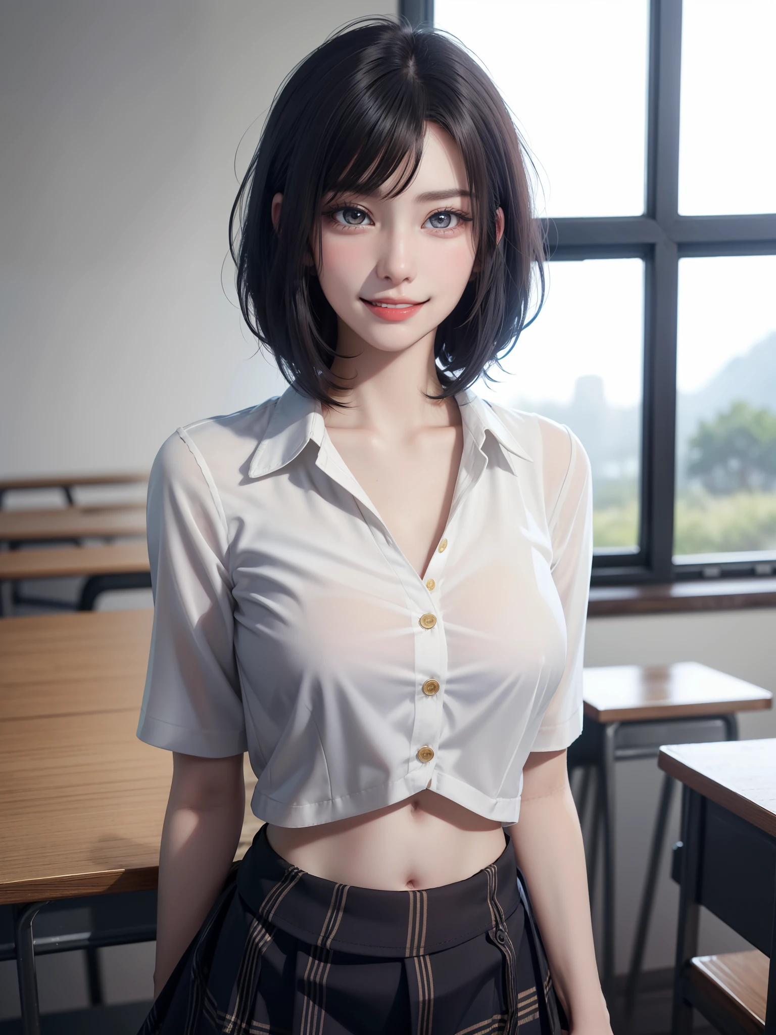 （A hyper-realistic：1.4）、（Photorealsitic：1.4）、（The ultra -The high-definition、top-quality、masutepiece：1.4）、（top-quality：1.4）、hight resolution、8K分辨率、（Highly detailed detail：1.4）、（volumatic light） One Woman、Whole body OL、Standing Pose、‎Classroom、(See-through white school shirt with buttons:1.4)、(Buttonless shirt:1.6)、(The chest is very noticeable:1.4)、(Very short plaid skirt:1.6)、(a navel:1.4)、(high-heels:1.2)、{Gigantic|Big|Huge|Mega} Milk same, cleavage:1.4、 (beauitful face:1.4)、(A detailed face:1.4)、(A detailed eye:1.4)、(Eye lashes:1.4)、(A smile:1.4)、(Detailed shiny bob hair:1.4)、Very tall:1.4、190cm Supermodel:1.4、clean long legs、neck long、Beautiful short hair with shiny bangs,、((extremely beautiful lady、Symmetrical very beautiful face、Beautiful teeth、Expressive cute smile、asymmetrical bangs))、((Vivid landscape background rich in nature))