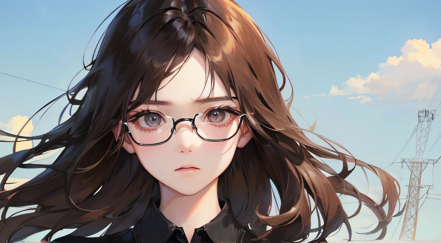 (((1人の女性)))、(Top resolution、Distinct_image) best qualtiy、(((pylon)))、ighly detailed、Semi-realistic、Brown hair、eye glass、Wind-tousled hairstyle、deadpan、bangss、20yr old、年轻、((Black shirt))、delicated facial features、Facial features、mid-shot、