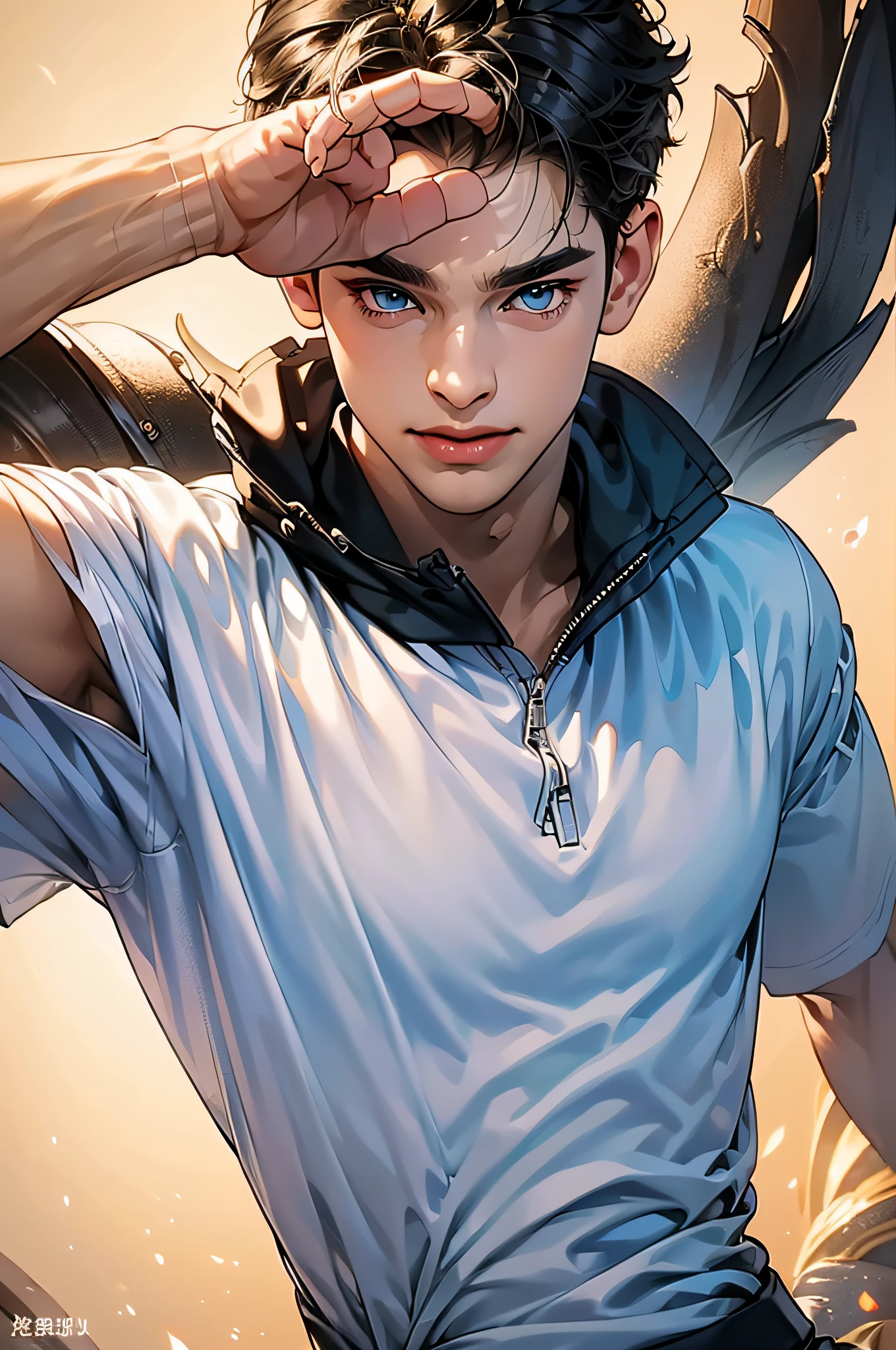 (in 8K、top-quality、masterpiece:1.2)、1 boy、short-haired、Hair short、Brown-skinned、Blue View、