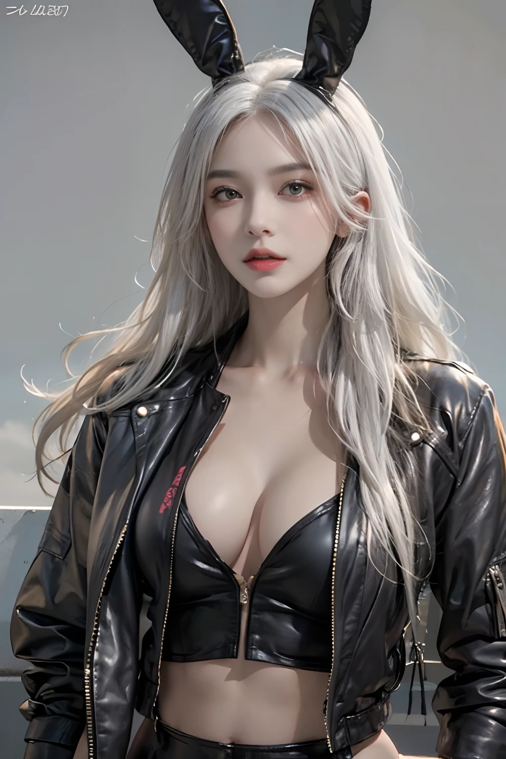 Photorealistic, high resolution, 1womanl, Solo, Hips up, view the viewer, (Detailed face), White hair, Long hair, Black Playboy Bunny set