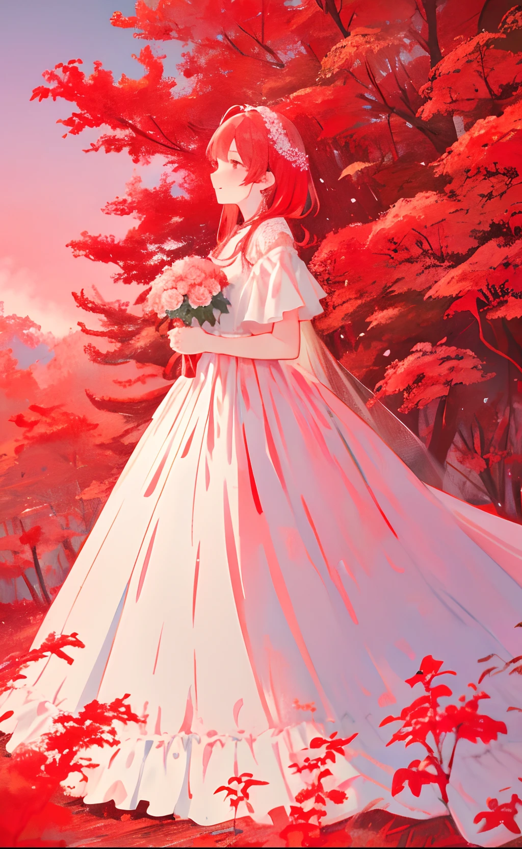 Taguro、limited palette、colourfull、landscapes、Woman in wedding dress、the woods、natta、Red flowers、red leaves、细致背景、​masterpiece、top-quality、