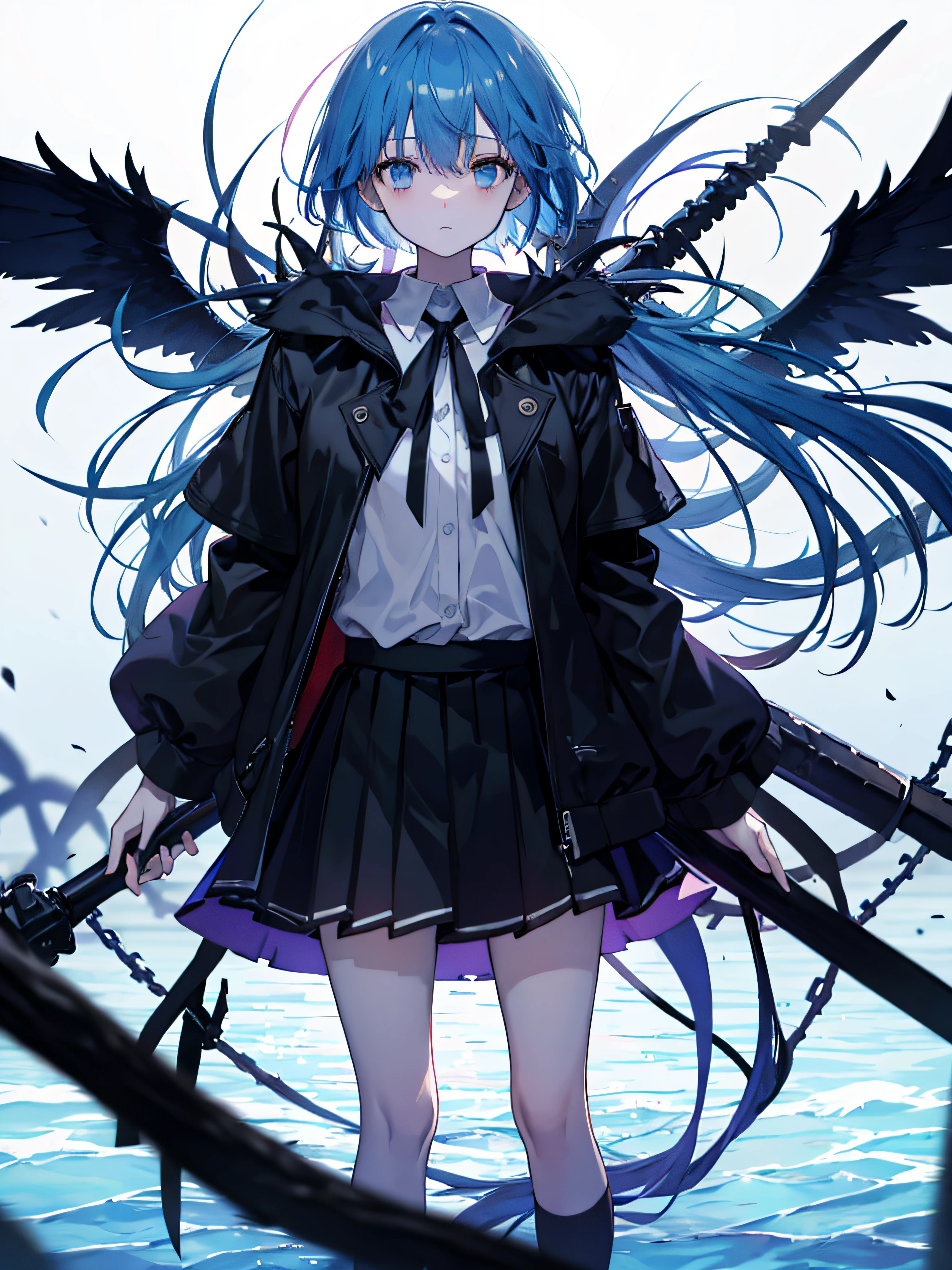 modeling, emotionless, dark Skirt, white background, blue hair, ocean