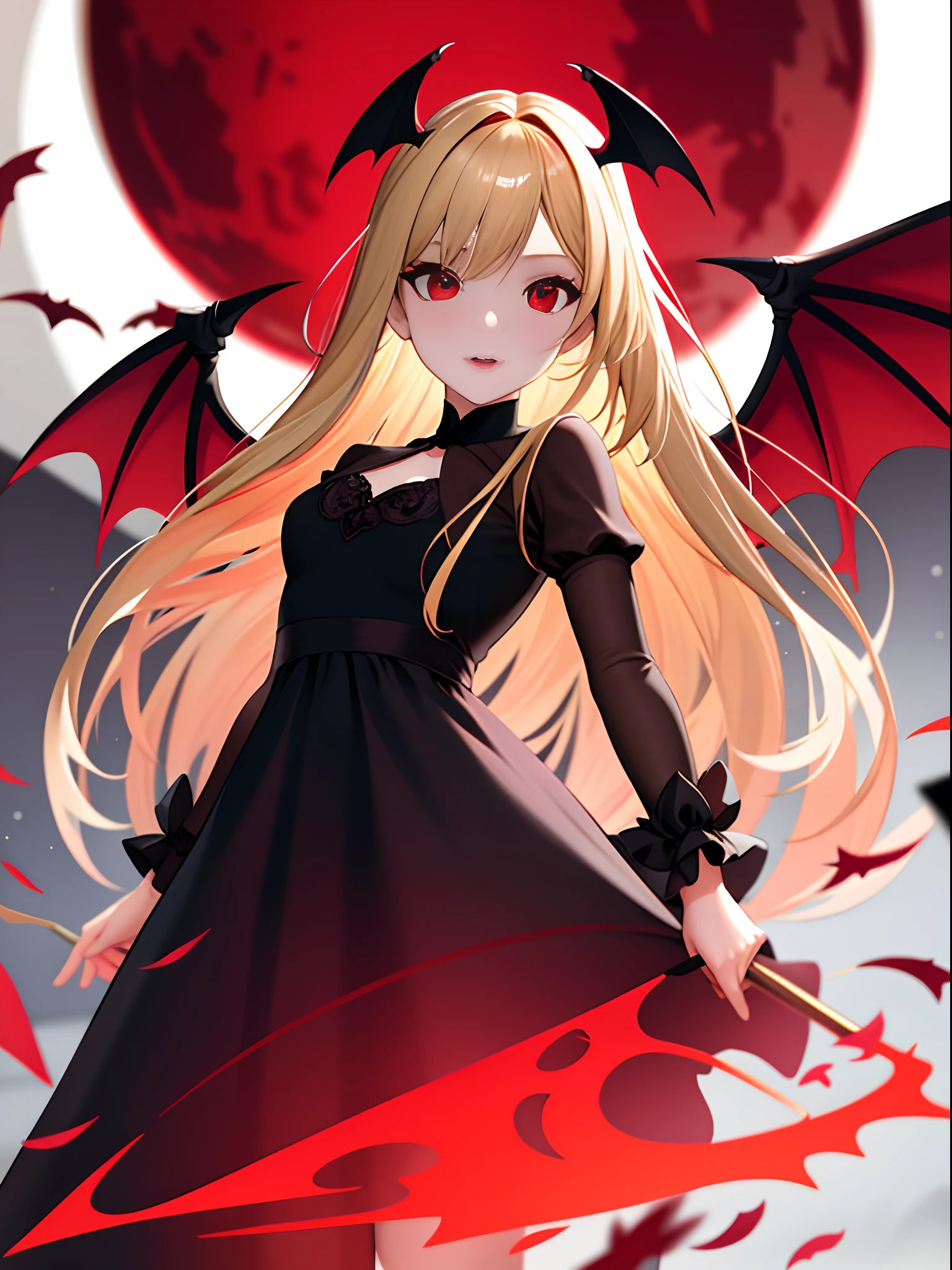 1 blonde girl, red eyes, vampire, bat wings, red moon, black dress,
