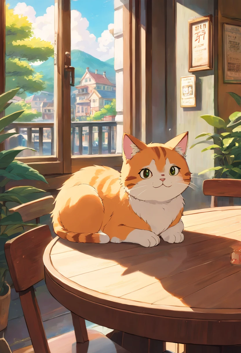 A round-eyed cute cat, In a coffee shop, coffee table, Street view outside the window.