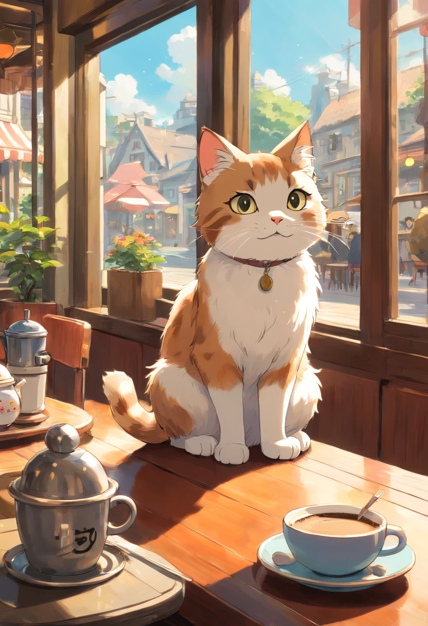 A round-eyed cute cat, In a coffee shop, coffee table, Street view outside the window.