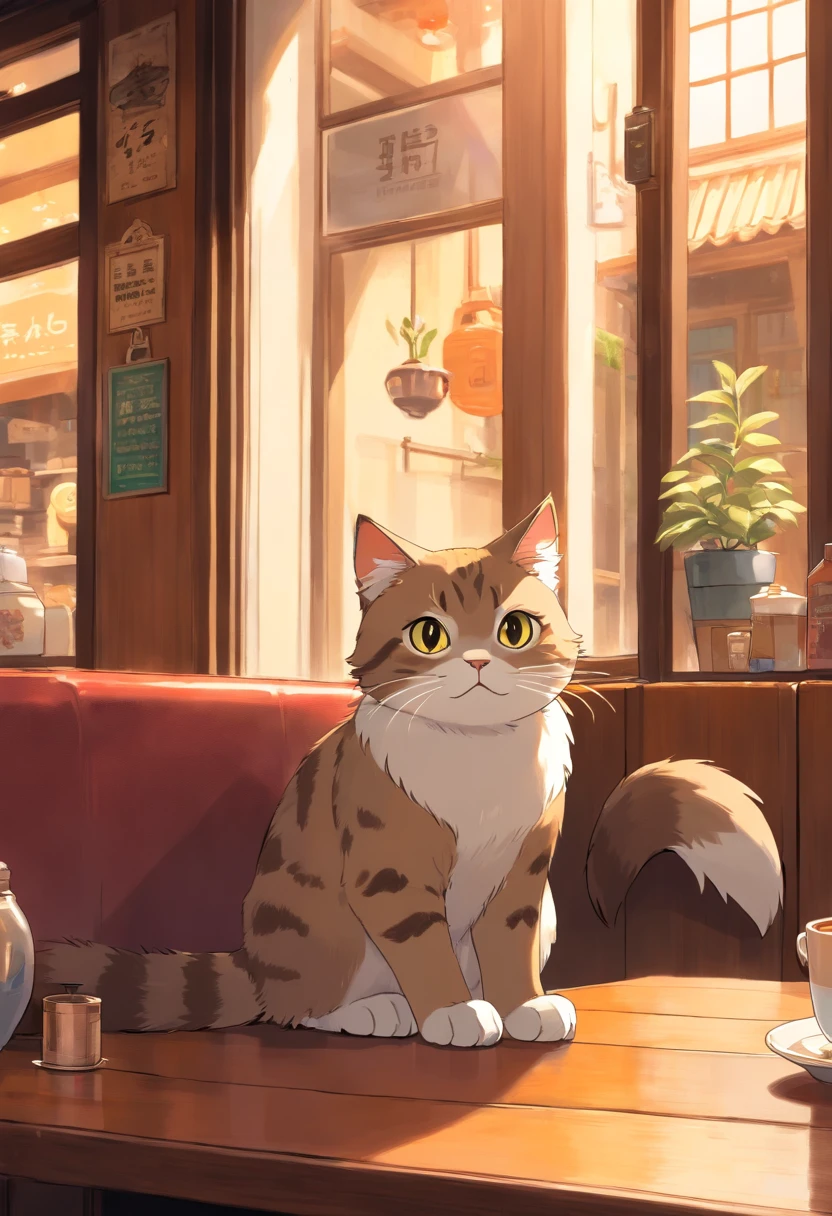 A round-eyed cute cat, In a coffee shop, coffee table, Street view outside the window.