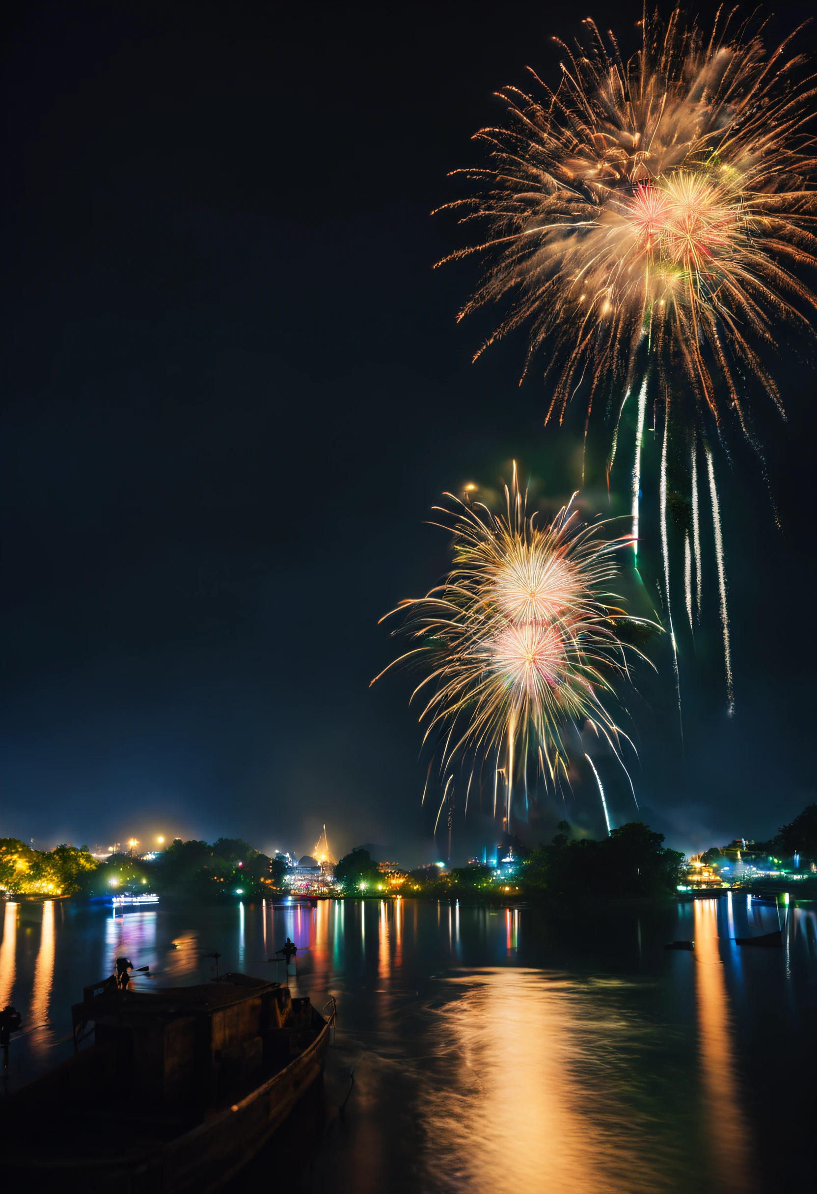 at night , river in thailand , khong river ,a lot of bullet gun light buttom to sky, firework fastival , in 2510 year , focus fire work , wide camera , lence flare , night balloon , realistic , warm light unfounded