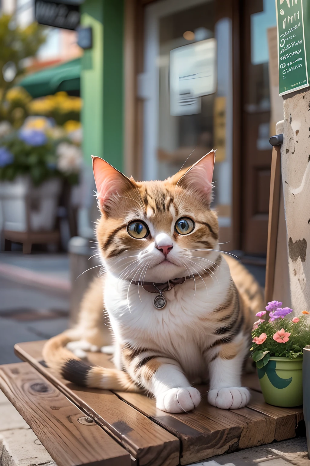 A round-eyed cute cat, Outside the coffee shop, coffee table, flower pots, streetview.